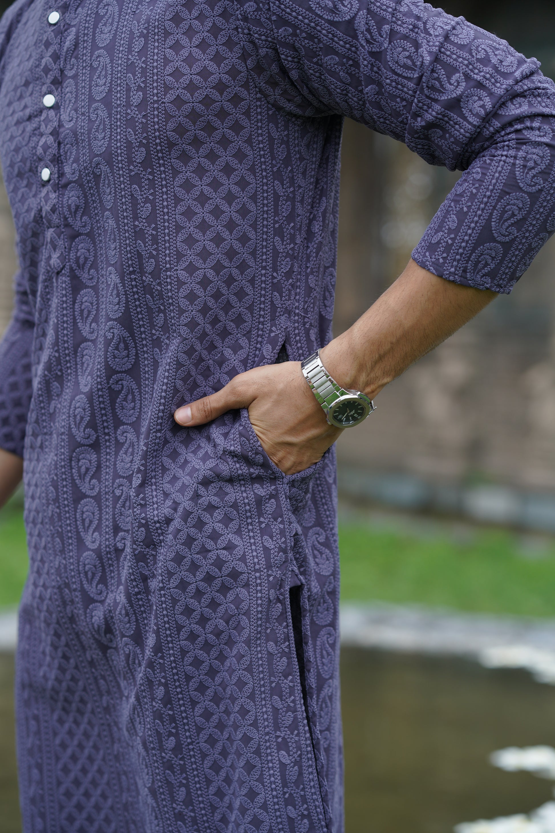 Grey Georgette Chikankari Kurta for Men with Fine Detailing