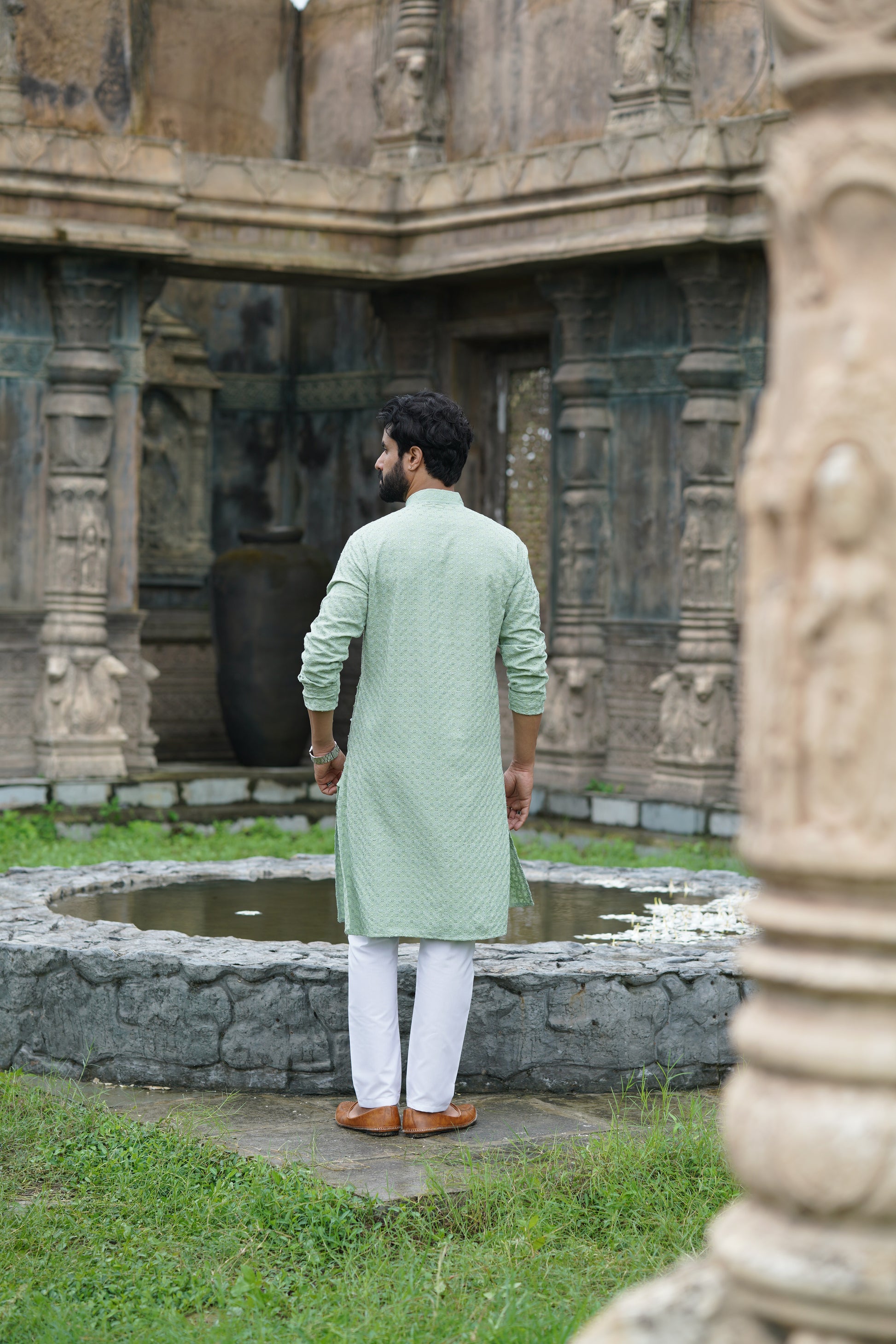 Men's Pista Green Chikankari Kurta | Embroidered & Sequin Designer Set