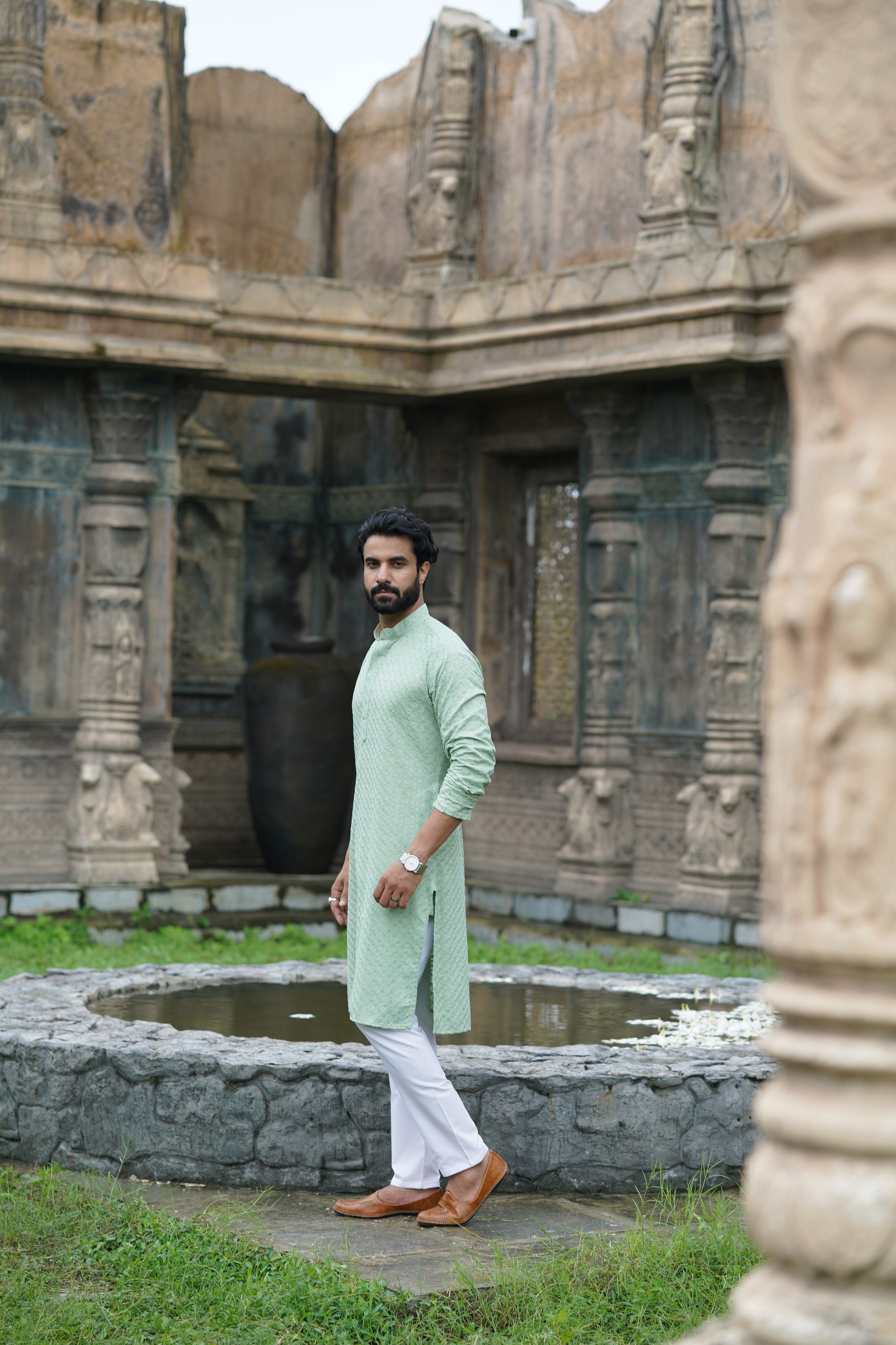 Men's Pista Green Chikankari Kurta | Embroidered & Sequin Designer Set