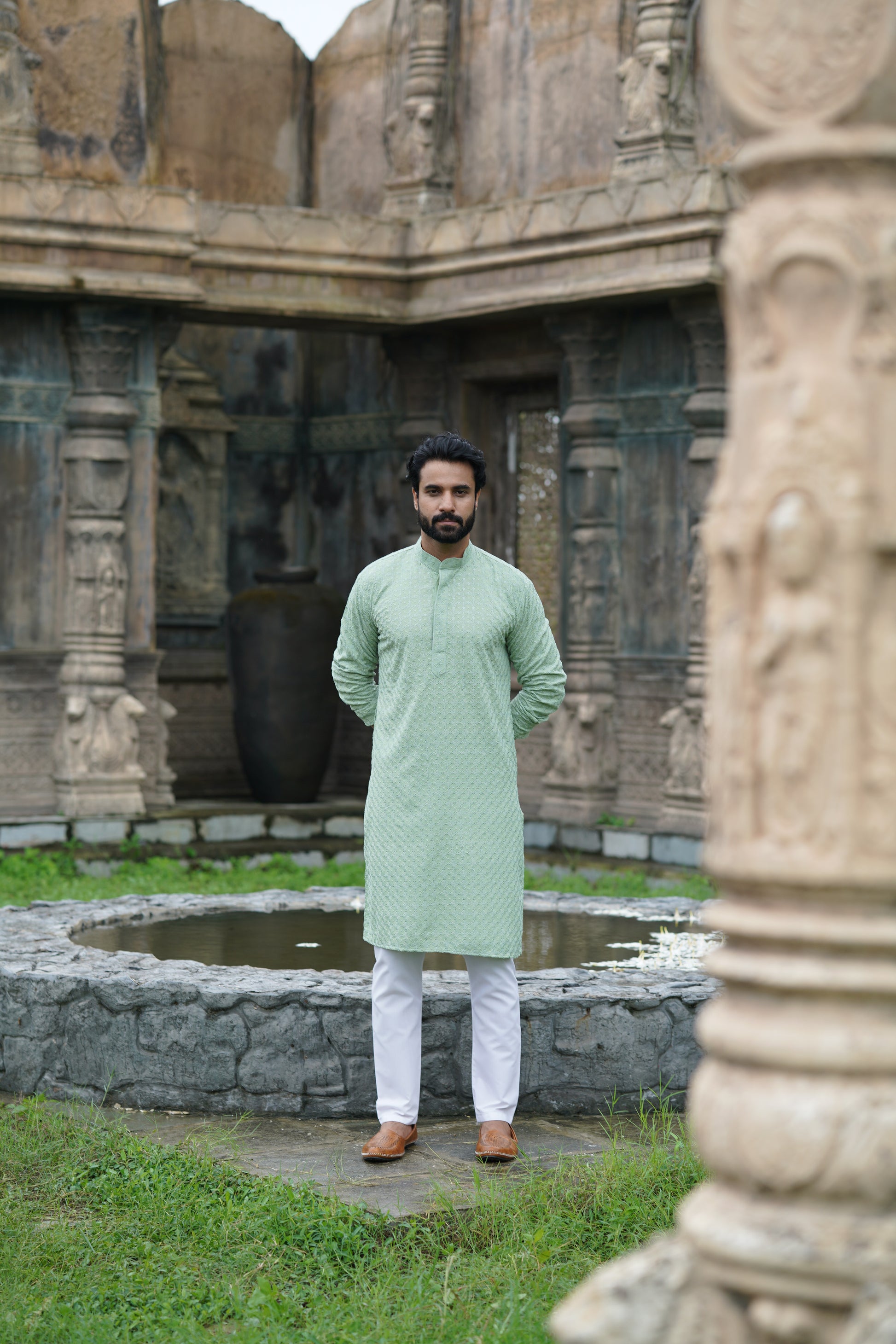 Men's Pista Green Chikankari Kurta | Embroidered & Sequin Designer Set