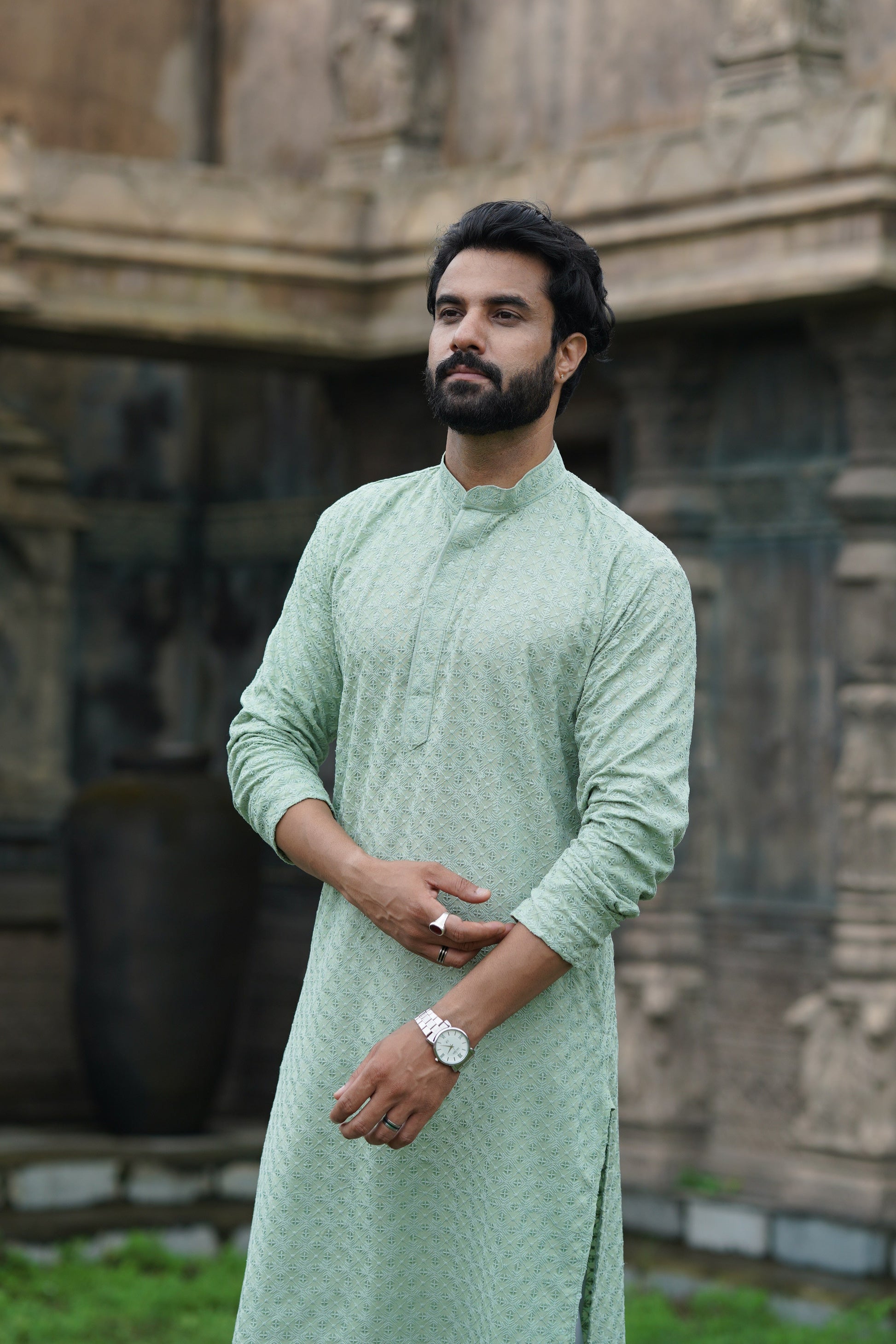 Men's Pista Green Chikankari Kurta | Embroidered & Sequin Designer Set