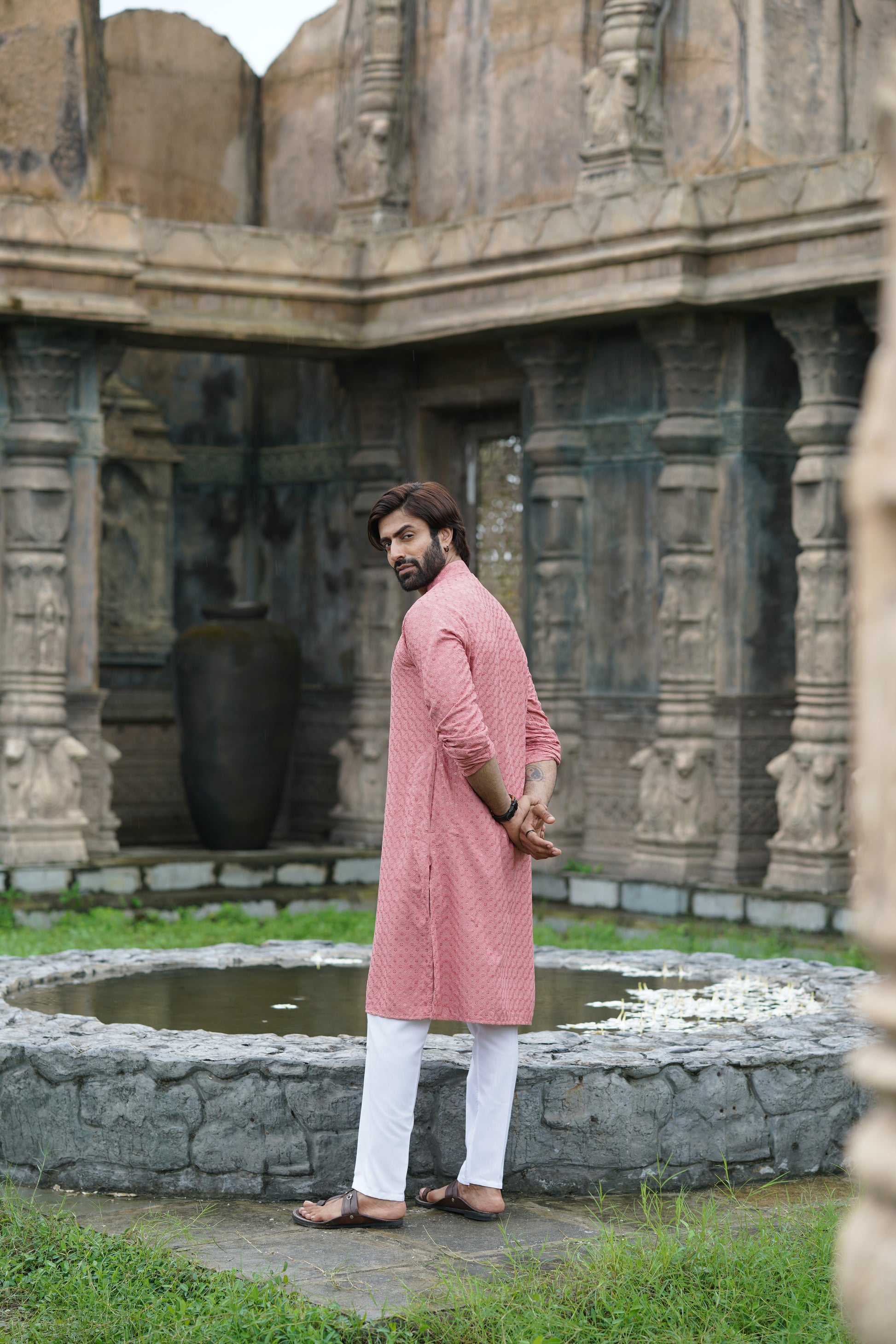 Men's Pink Chikankari Kurta | Embroidered & Sequin Designer Set