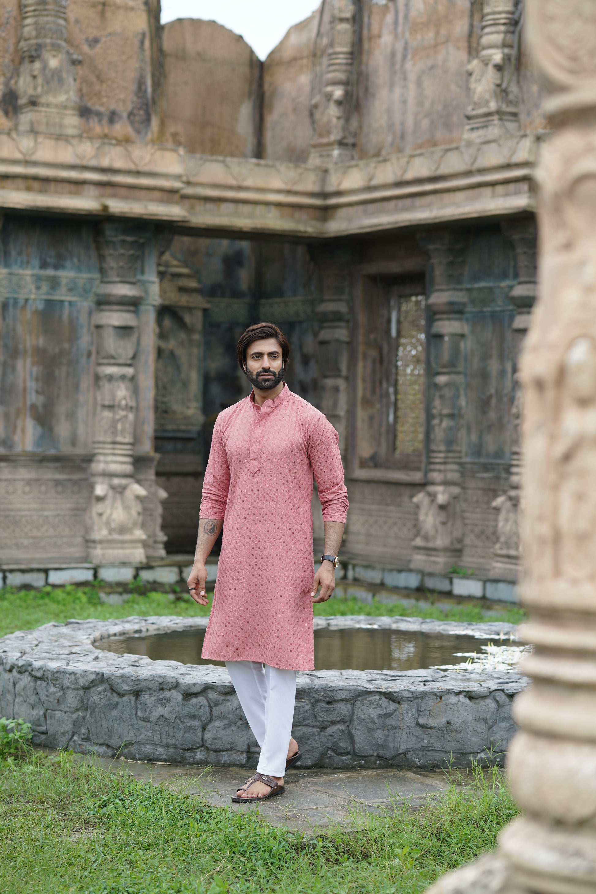 Men's Pink Chikankari Kurta | Embroidered & Sequin Designer Set