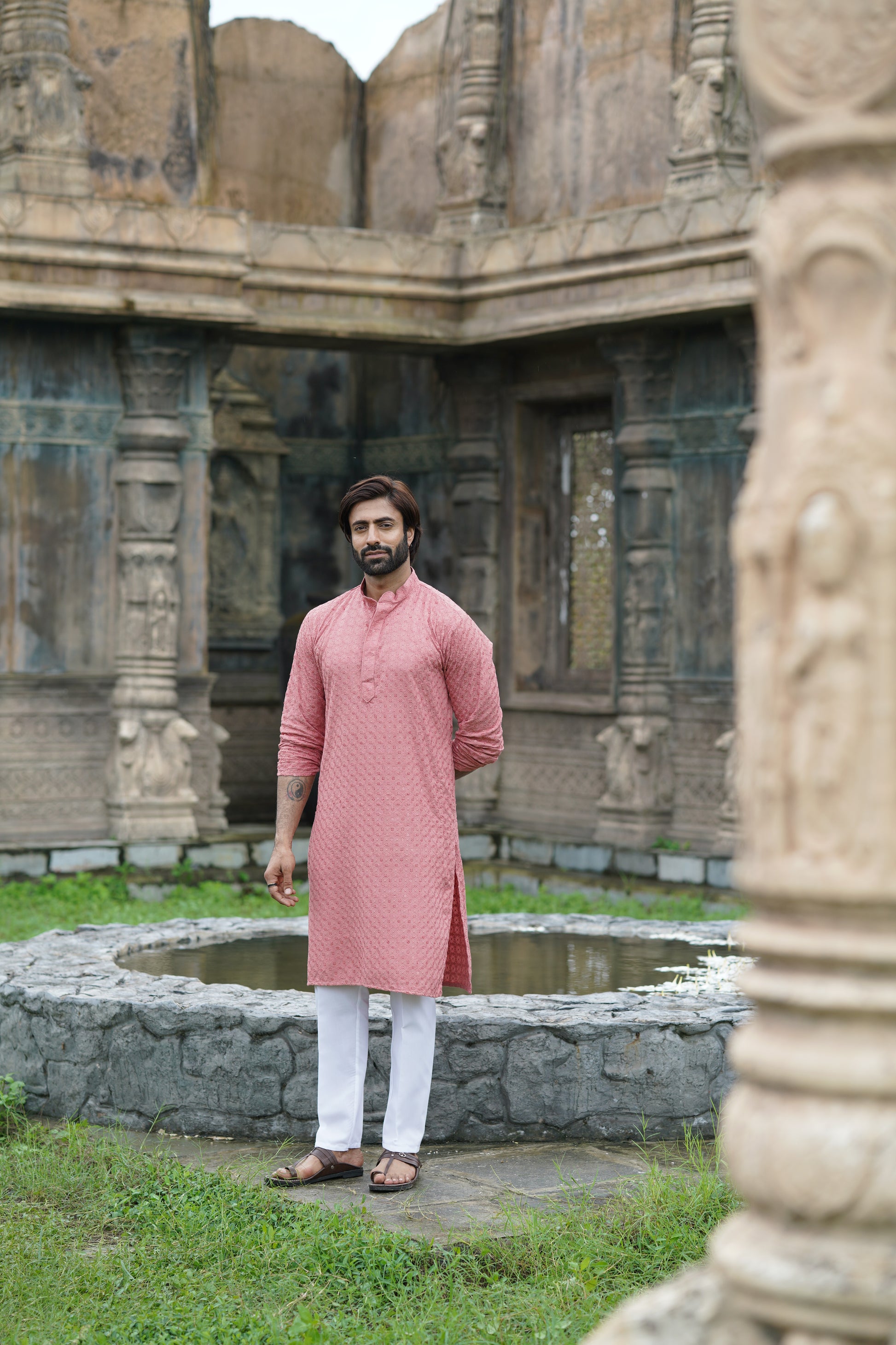 Men's Pink Chikankari Kurta | Embroidered & Sequin Designer Set