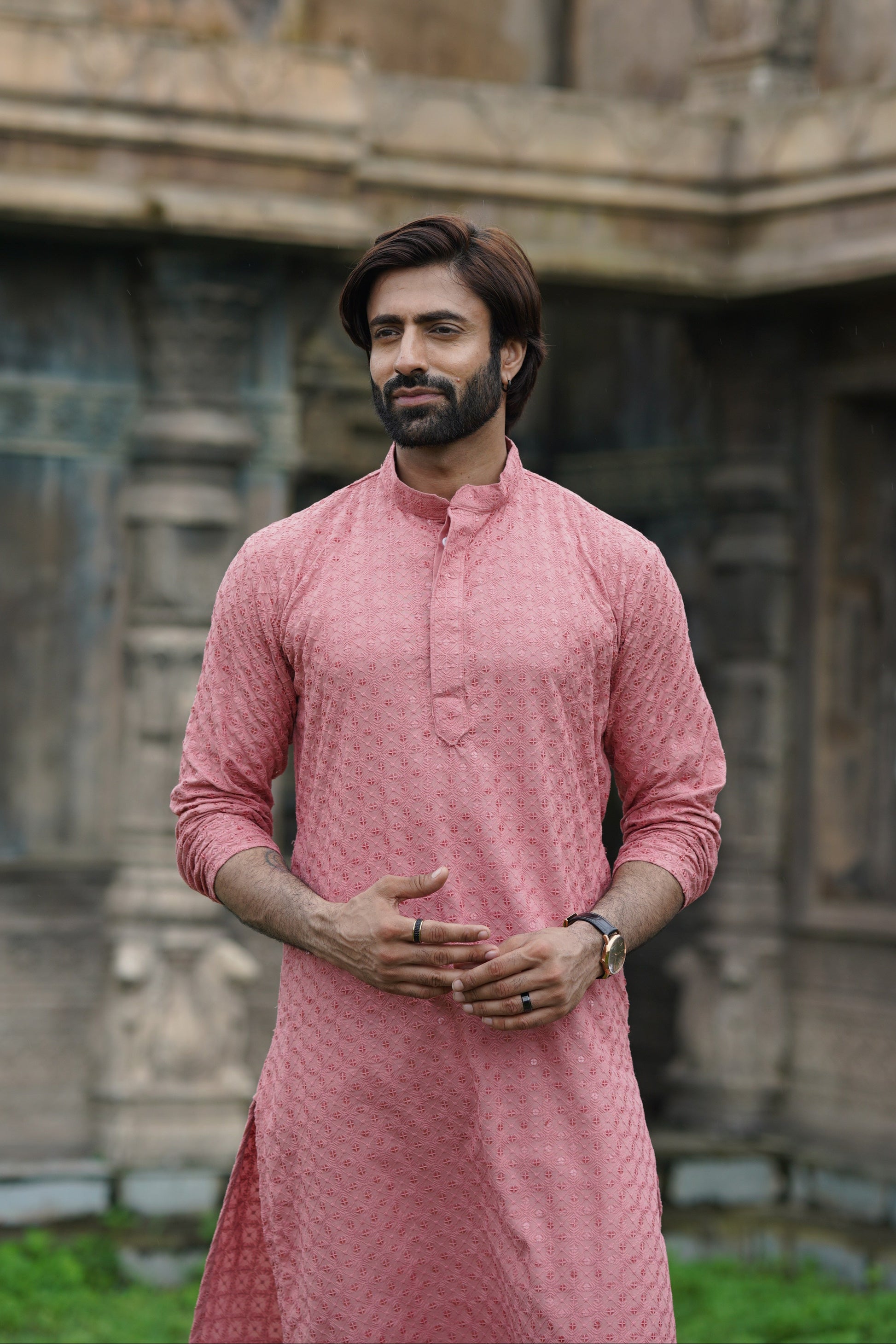 Men's Pink Chikankari Kurta | Embroidered & Sequin Designer Set