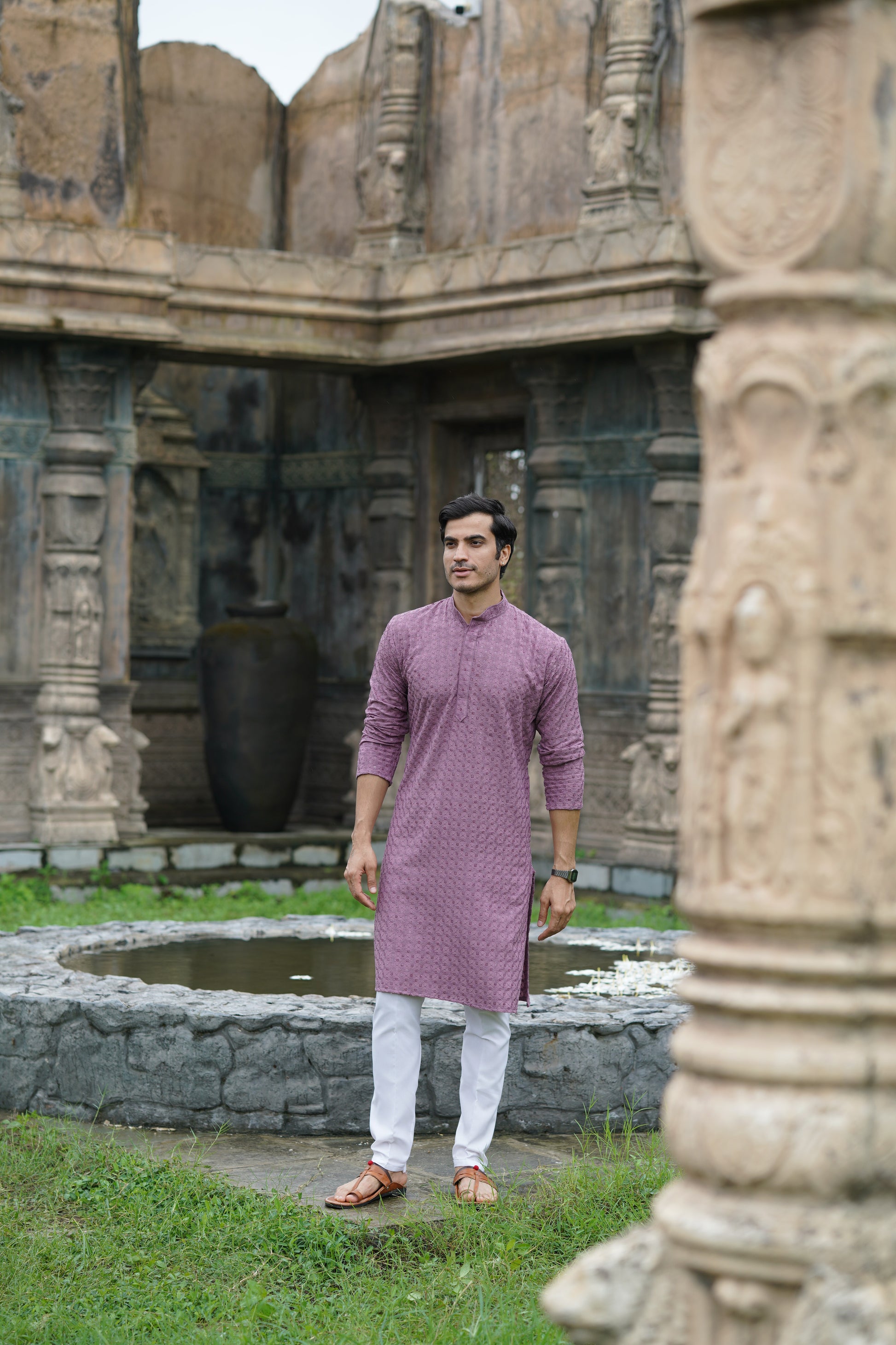 Men's Mauve Chikankari Kurta | Embroidered & Sequin Designer Set