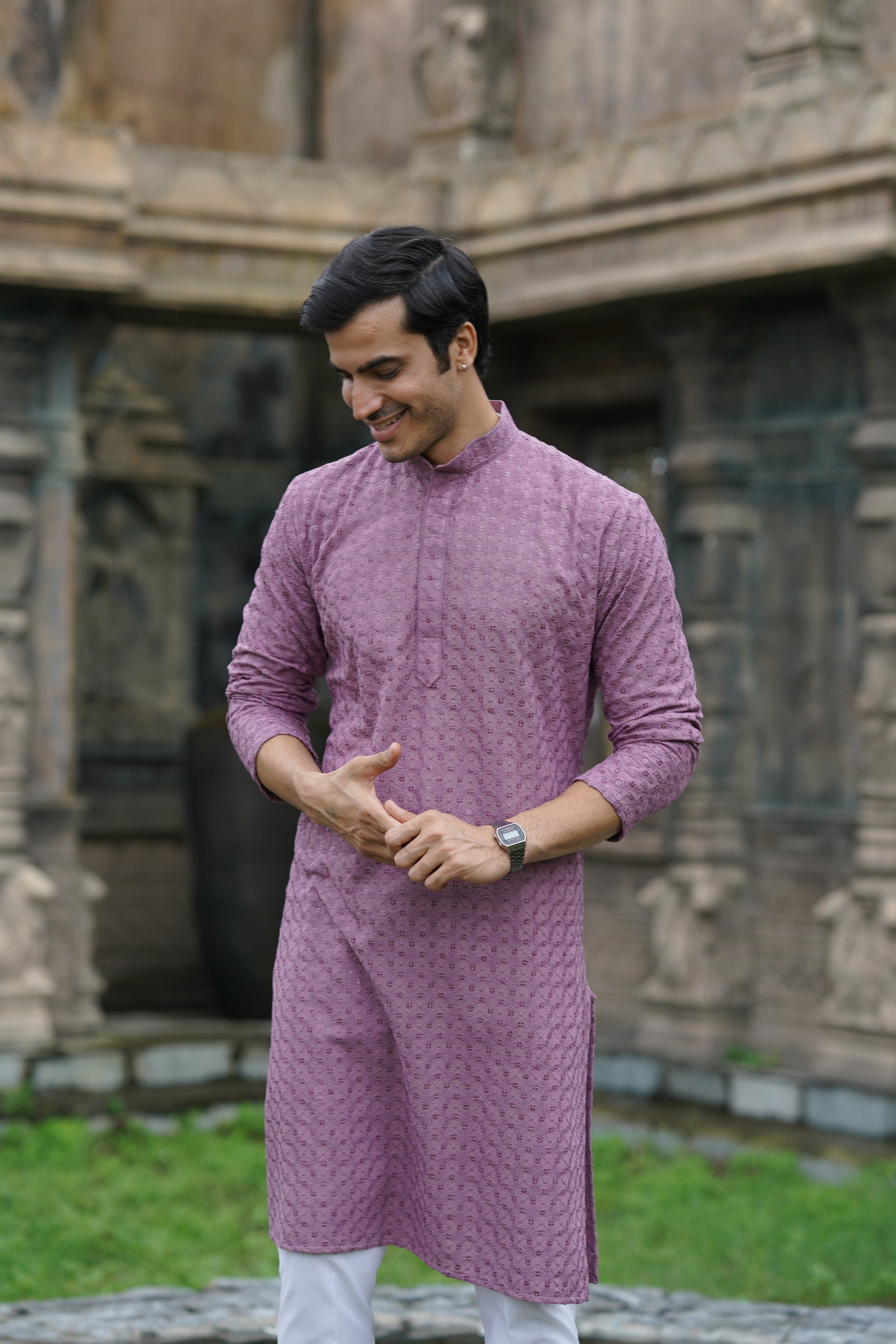 Men's Mauve Chikankari Kurta | Embroidered & Sequin Designer Set