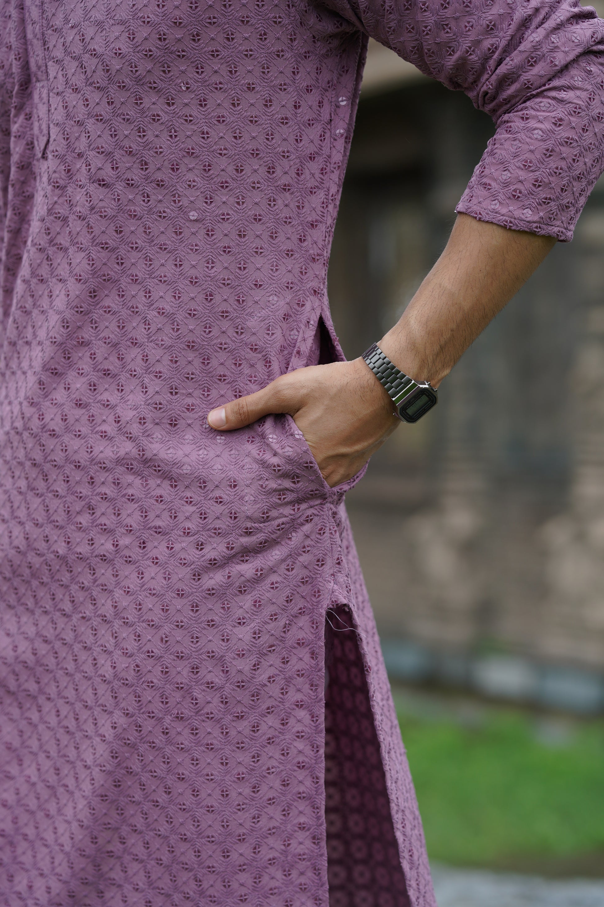 Men's Mauve Chikankari Kurta | Embroidered & Sequin Designer Set