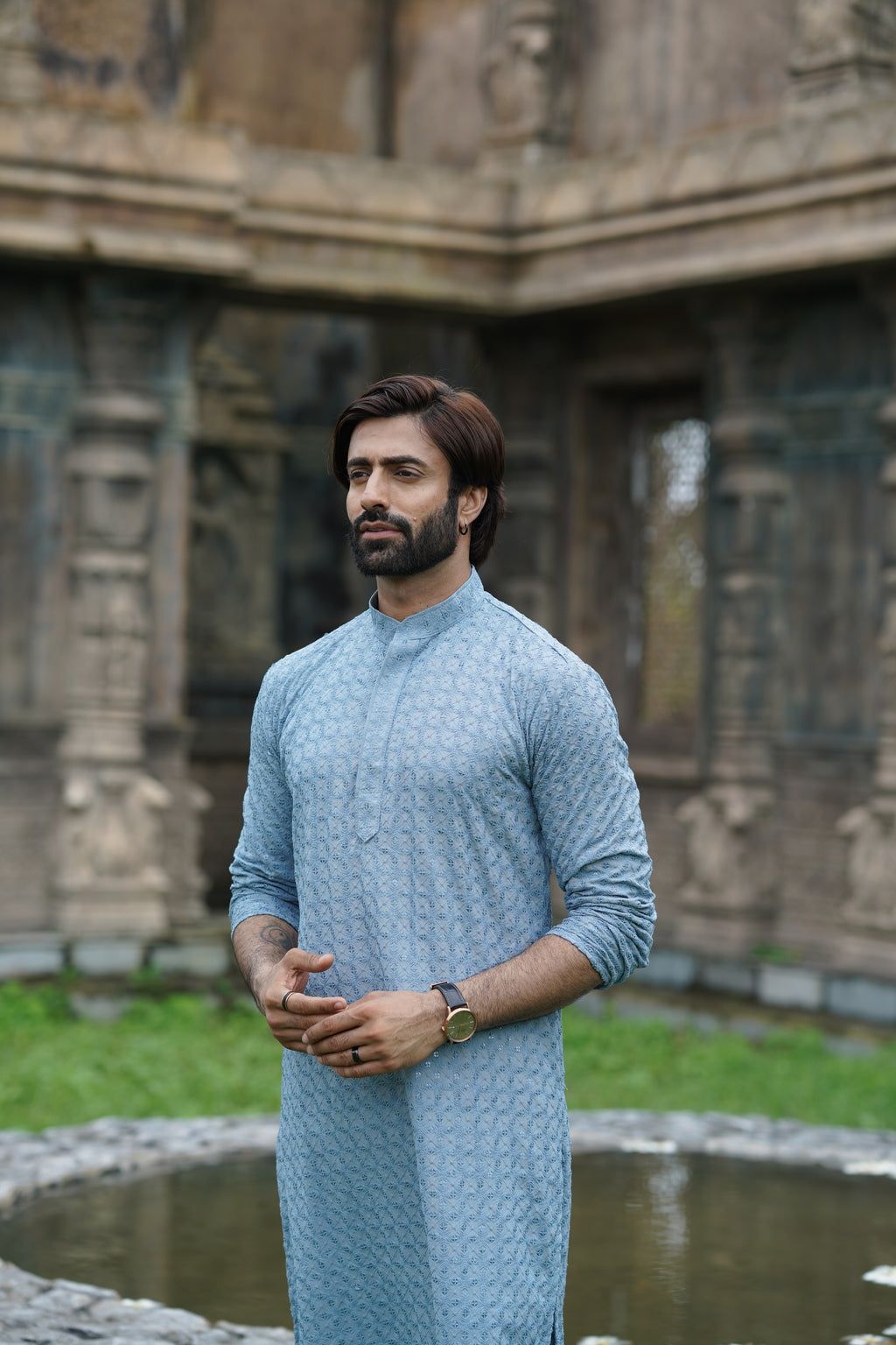 Men's Blue Chikankari Kurta | Embroidered & Sequin Designer Set