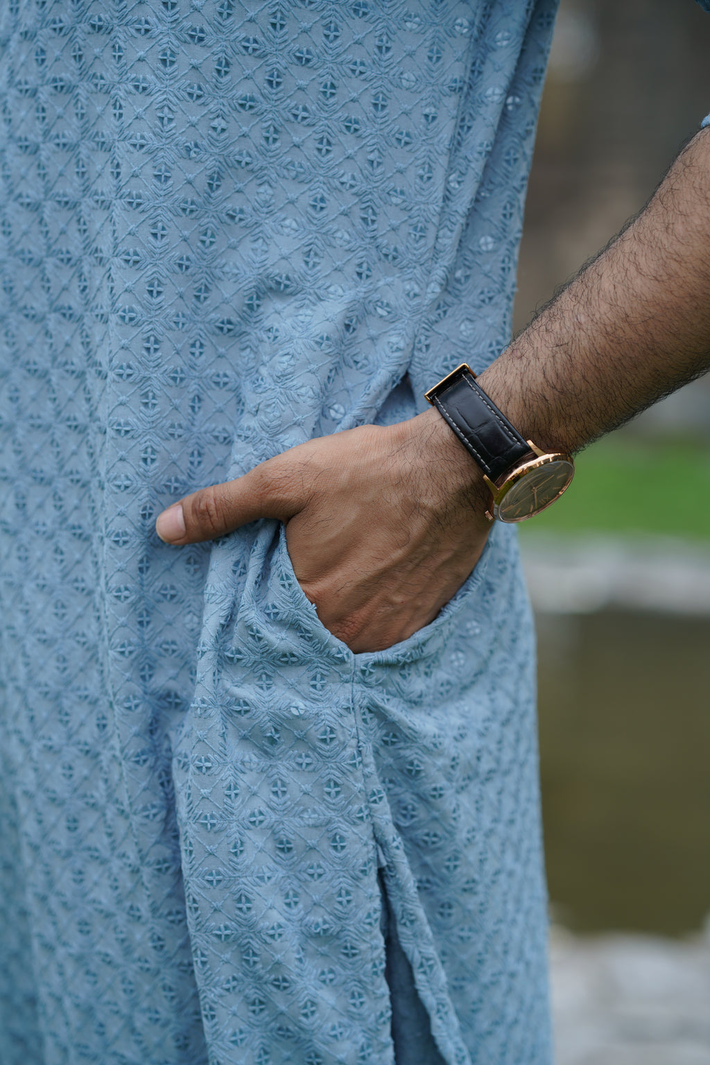 Men's Blue Chikankari Kurta | Embroidered & Sequin Designer Set