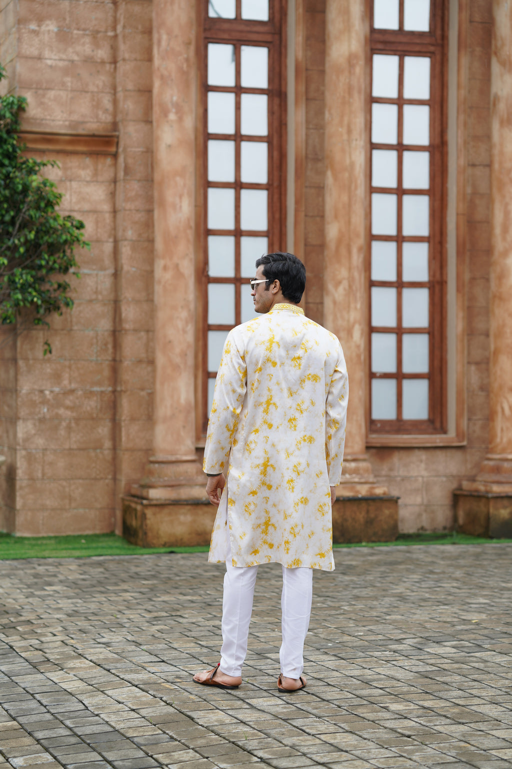 Yellow Tie-Dye Men's Kurta with Elegant Embroidery & Sparkling Sequins