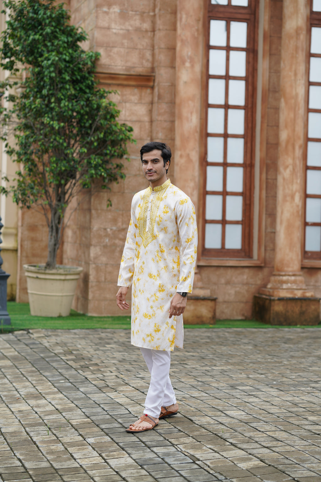 Yellow Tie-Dye Men's Kurta with Elegant Embroidery & Sparkling Sequins