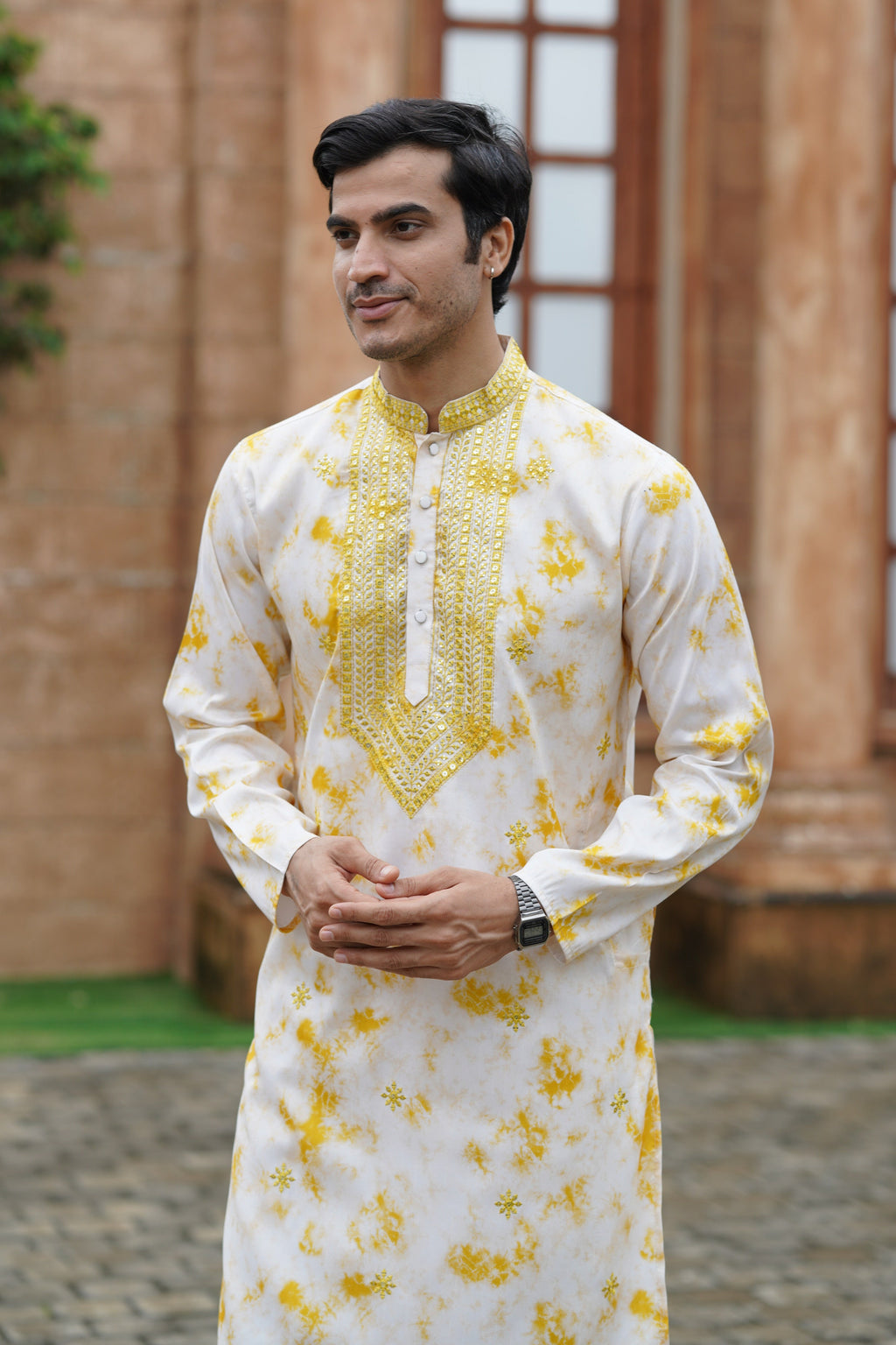 Yellow Tie-Dye Men's Kurta with Elegant Embroidery & Sparkling Sequins