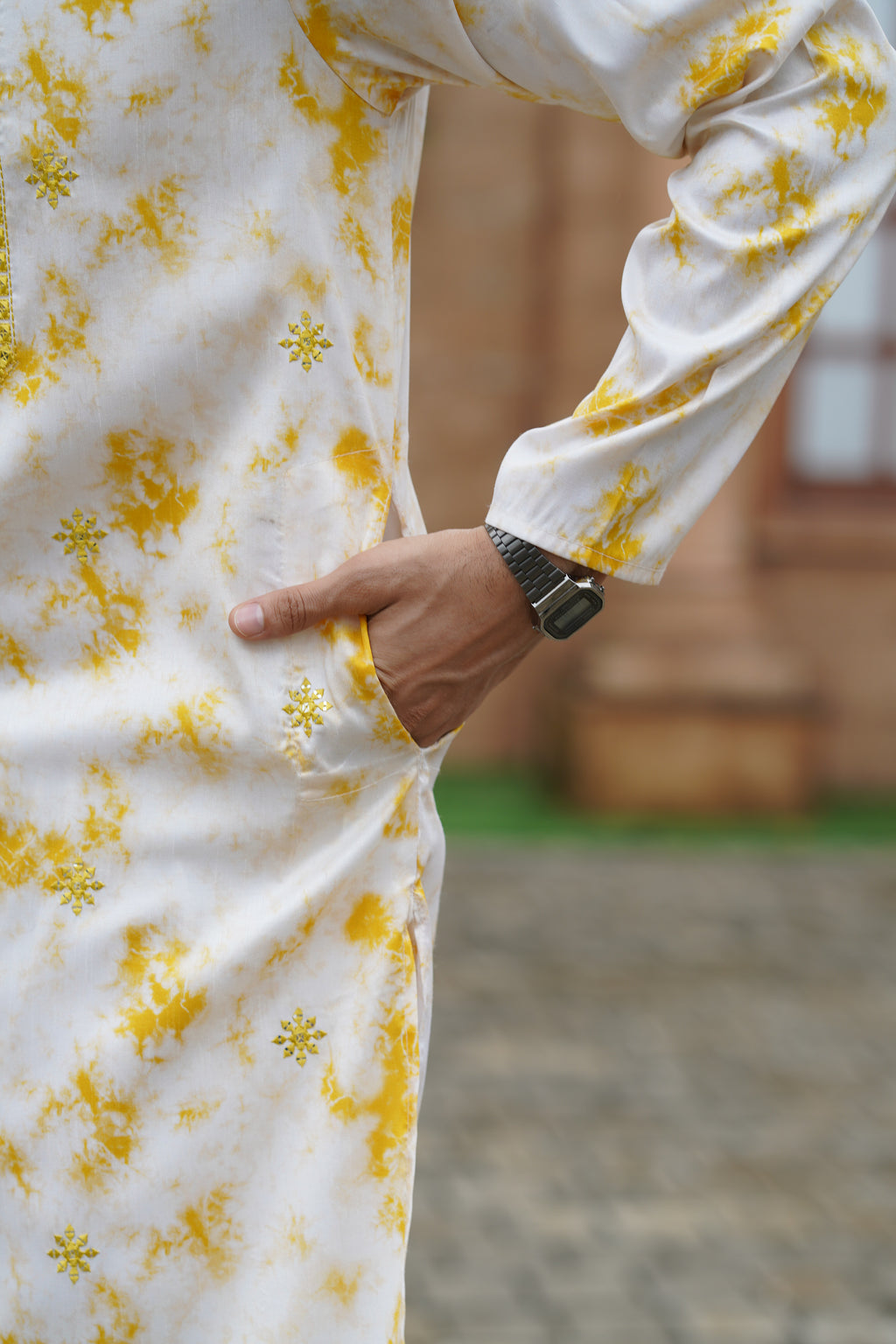Yellow Tie-Dye Men's Kurta with Elegant Embroidery & Sparkling Sequins