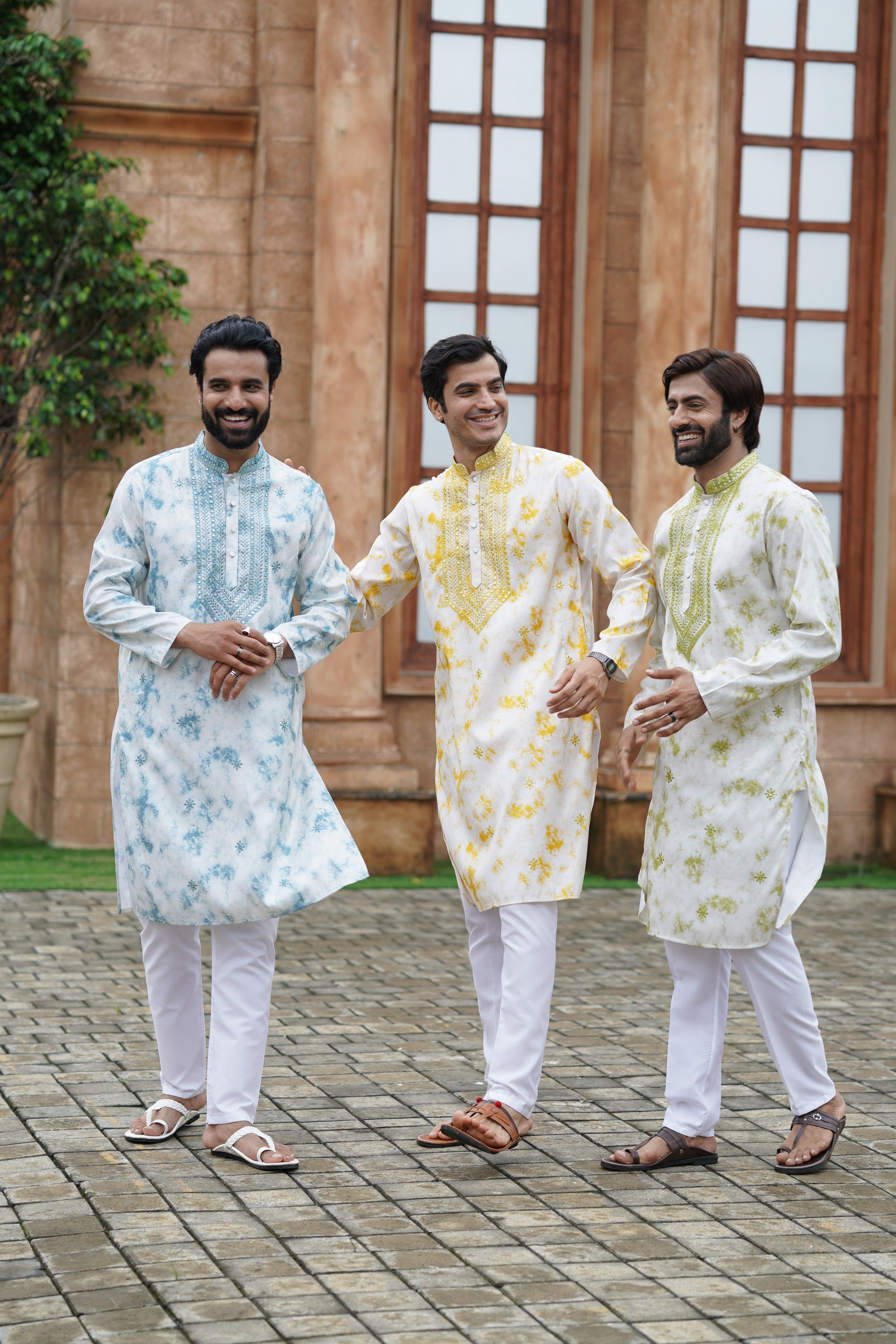 Yellow Tie-Dye Men's Kurta with Elegant Embroidery & Sparkling Sequins
