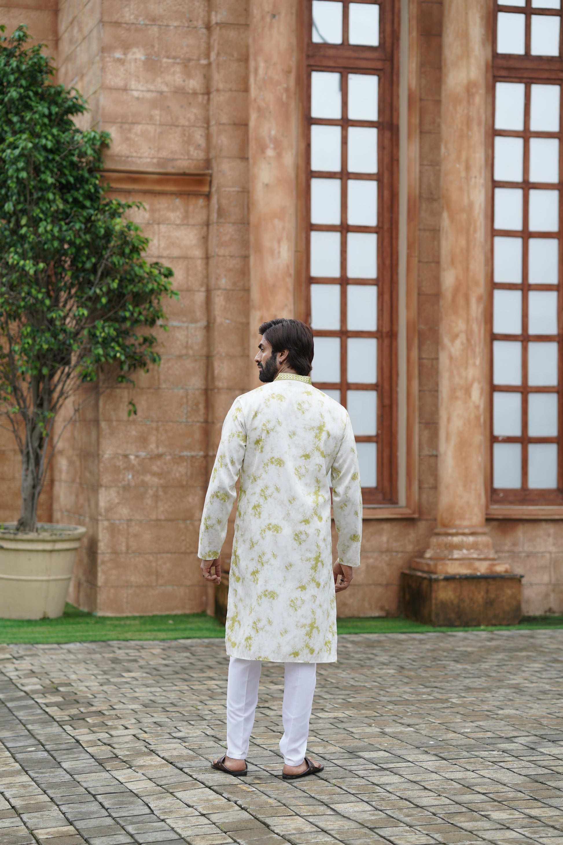 Olive Tie-Dye Men's Kurta with Elegant Embroidery & Sparkling Sequins