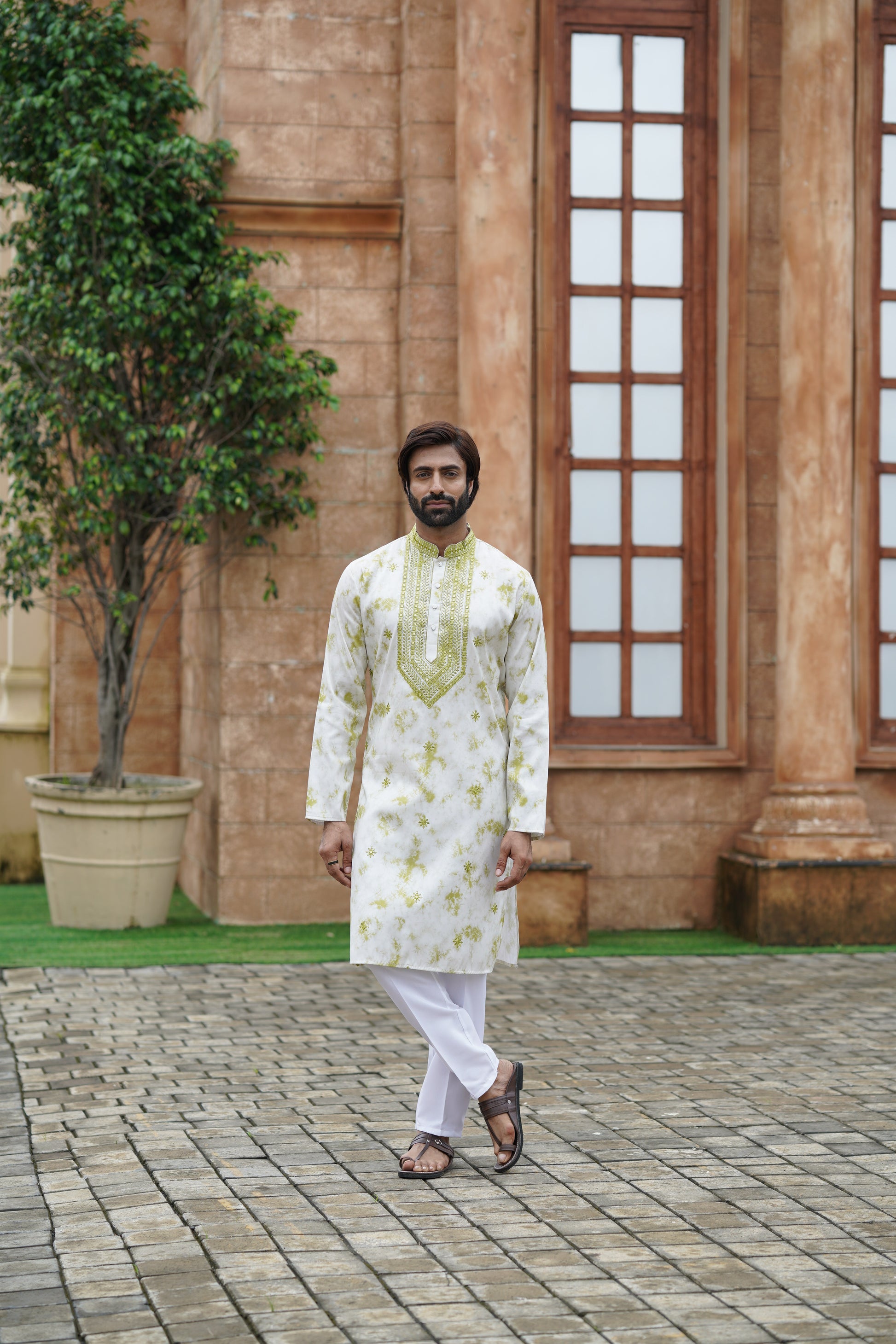 Olive Tie-Dye Men's Kurta with Elegant Embroidery & Sparkling Sequins