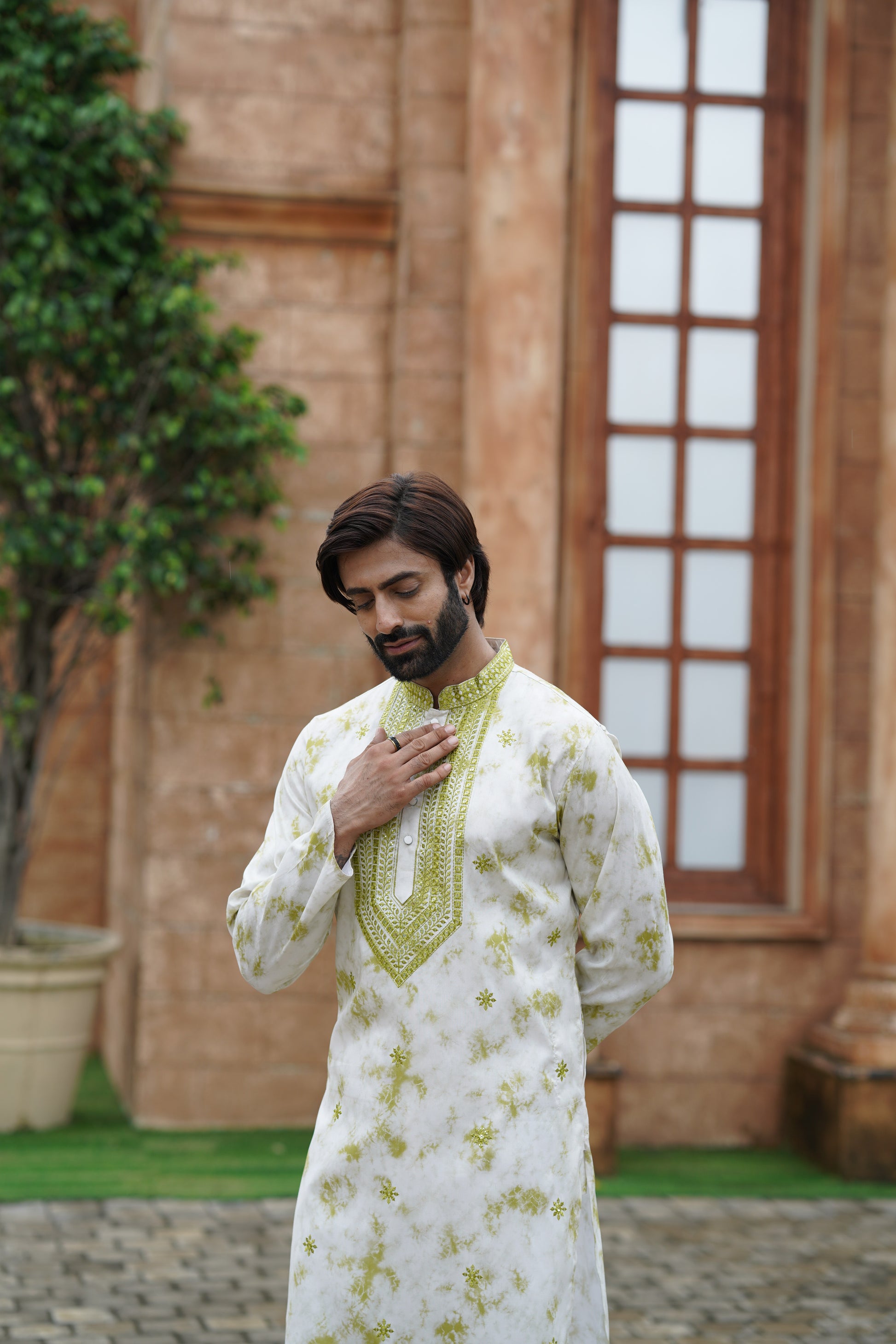 Olive Tie-Dye Men's Kurta with Elegant Embroidery & Sparkling Sequins