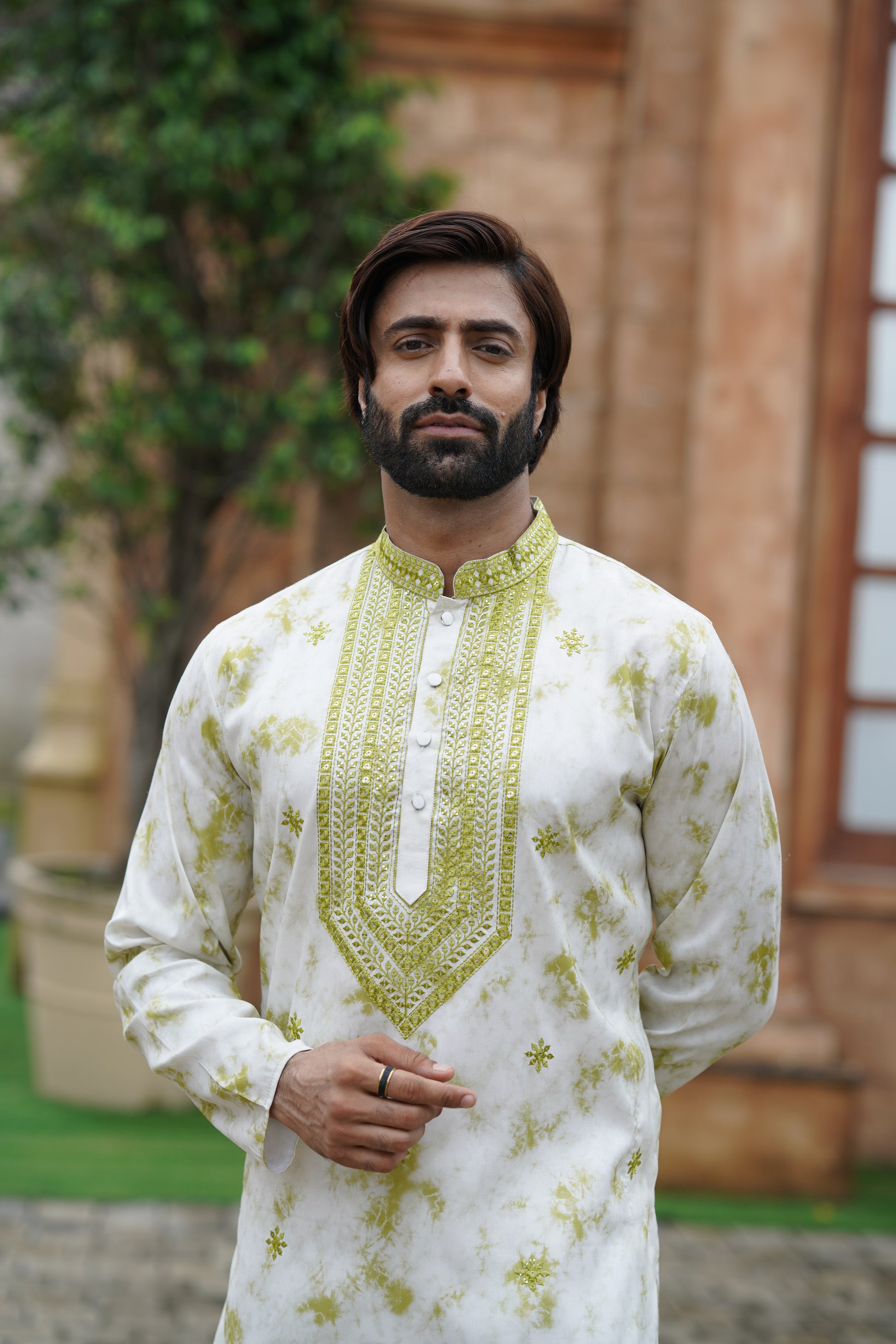 Olive Tie-Dye Men's Kurta with Elegant Embroidery & Sparkling Sequins