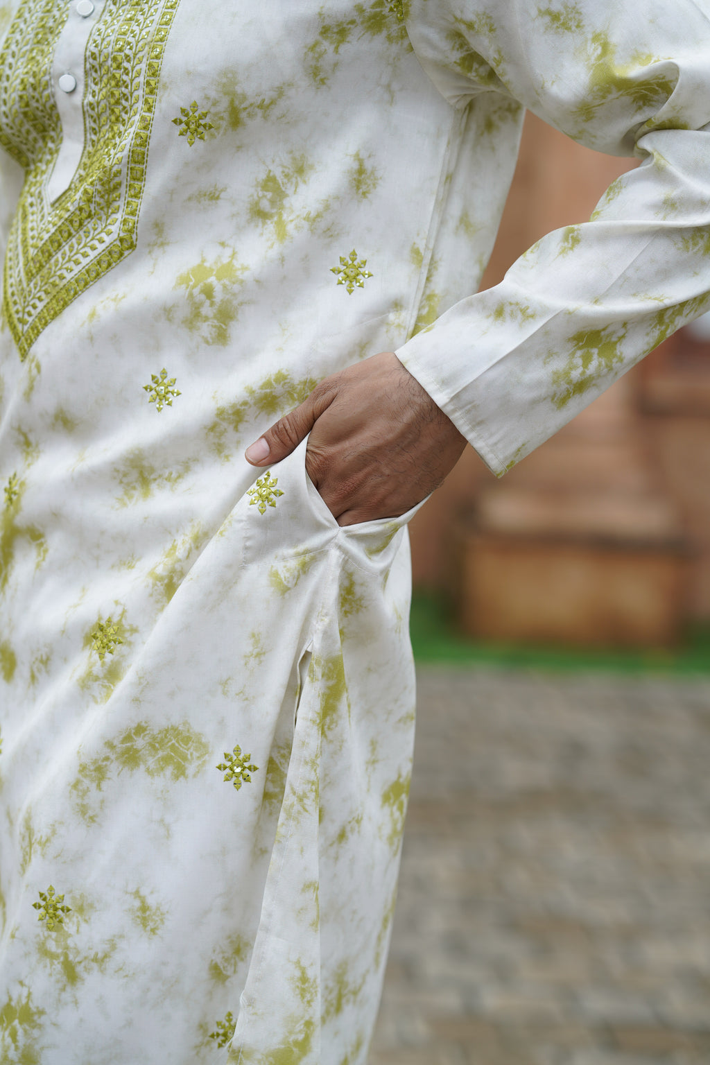 Olive Tie-Dye Men's Kurta with Elegant Embroidery & Sparkling Sequins