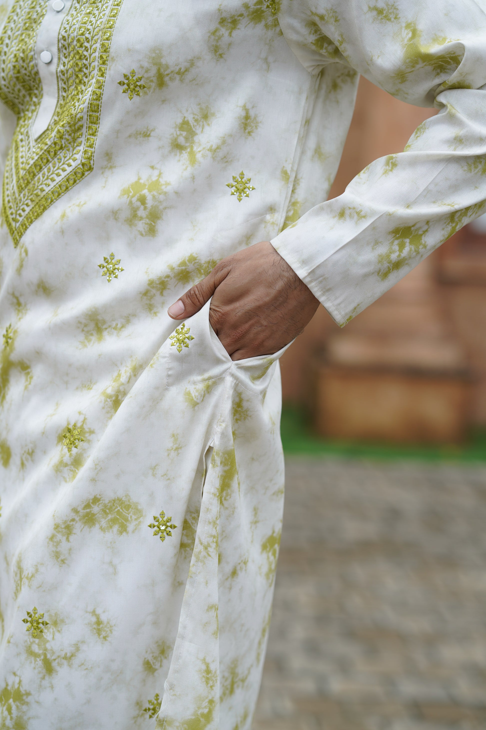 Olive Tie-Dye Men's Kurta with Elegant Embroidery & Sparkling Sequins