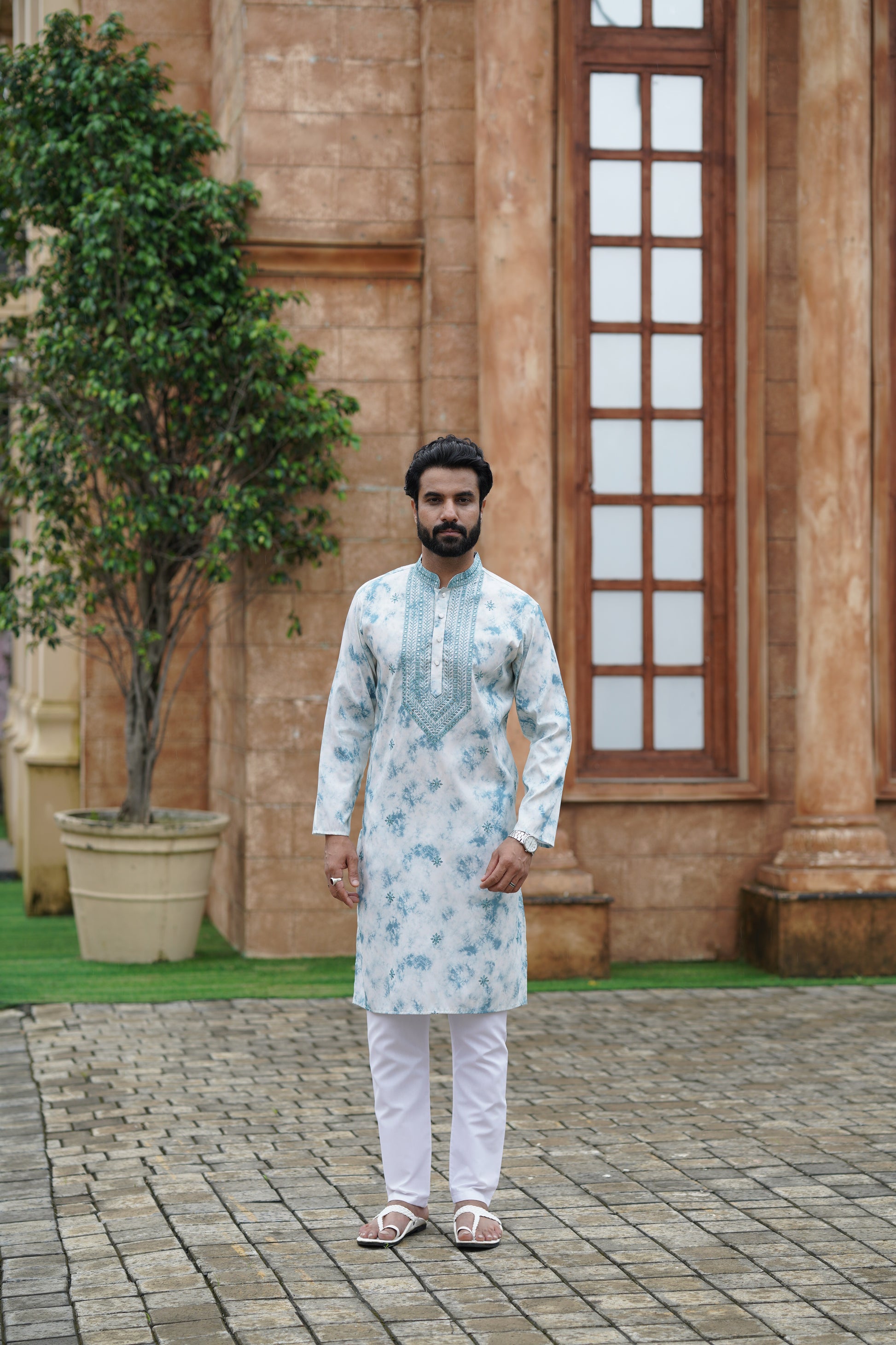 Blue Tie-Dye Men's Kurta with Elegant Embroidery & Sparkling Sequins