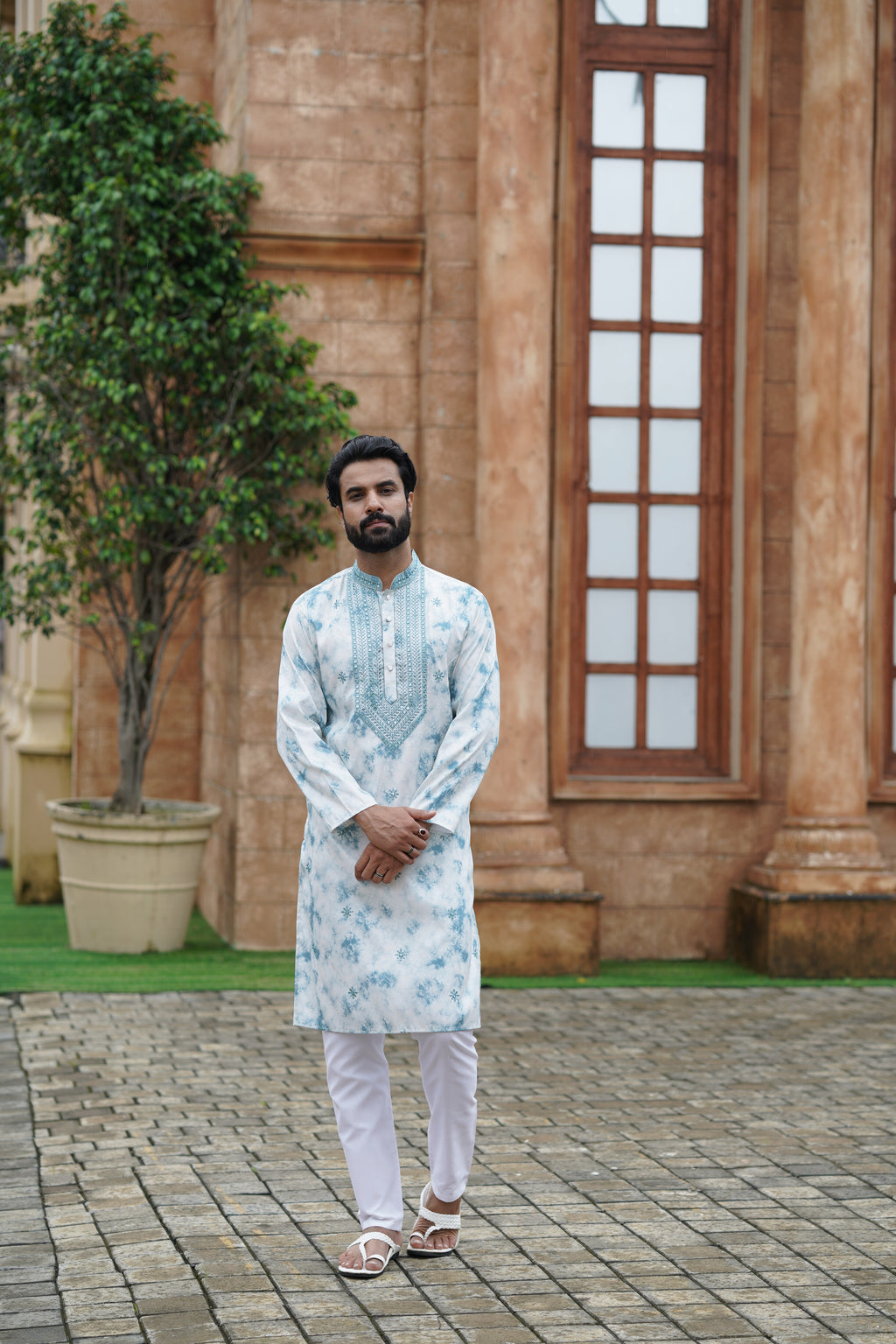 Blue Tie-Dye Men's Kurta with Elegant Embroidery & Sparkling Sequins