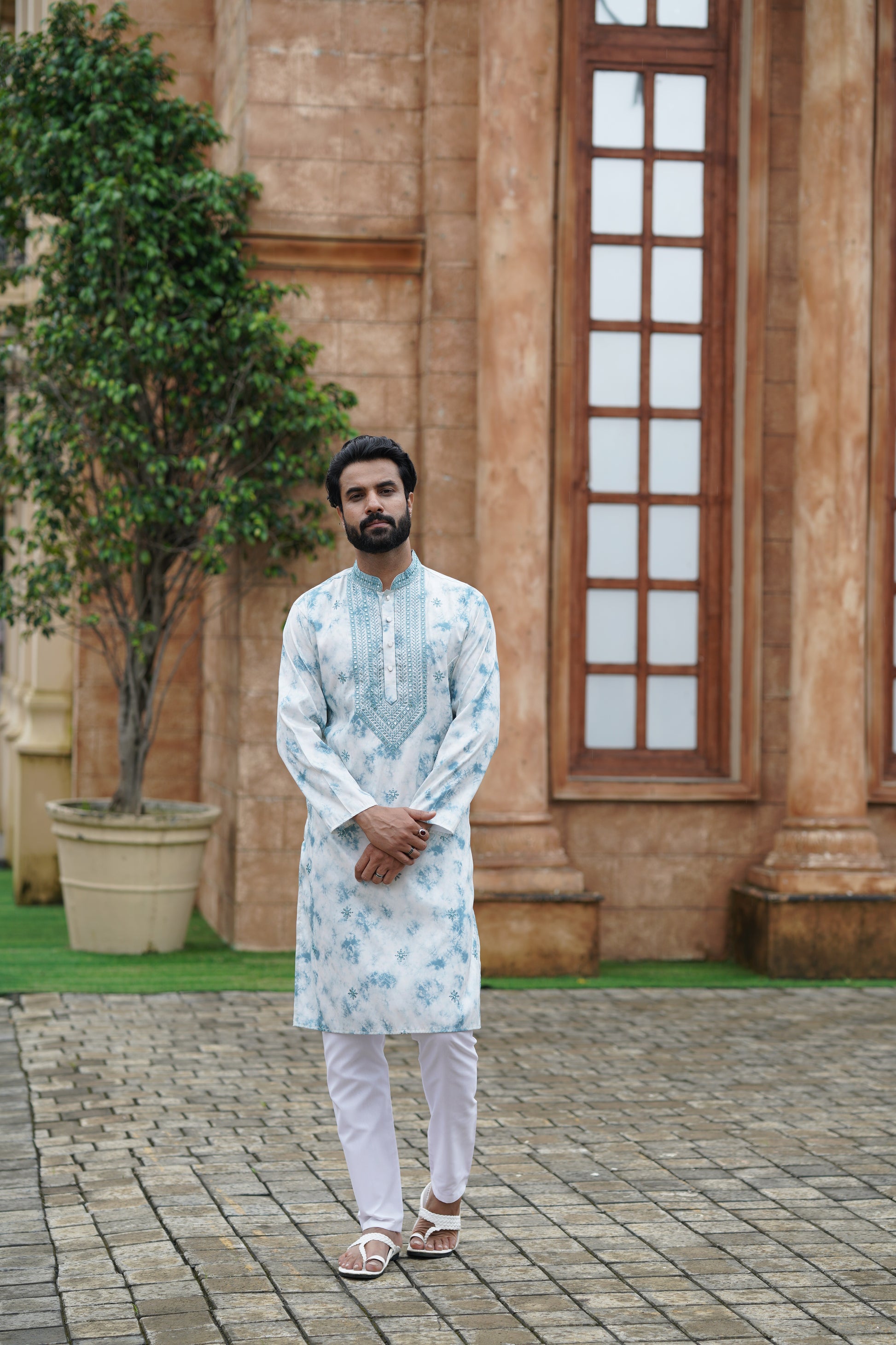 Blue Tie-Dye Men's Kurta with Elegant Embroidery & Sparkling Sequins