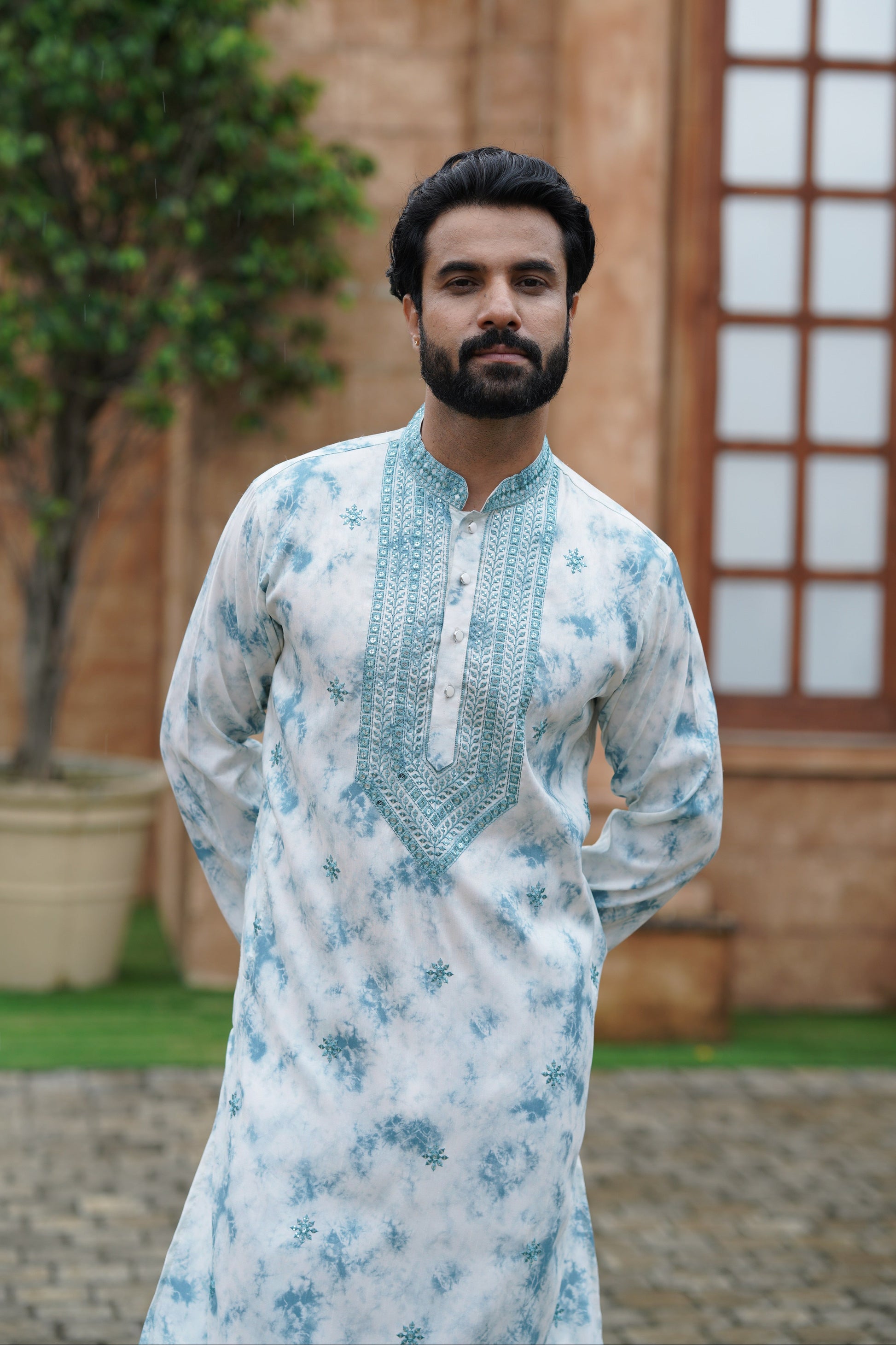 Blue Tie-Dye Men's Kurta with Elegant Embroidery & Sparkling Sequins