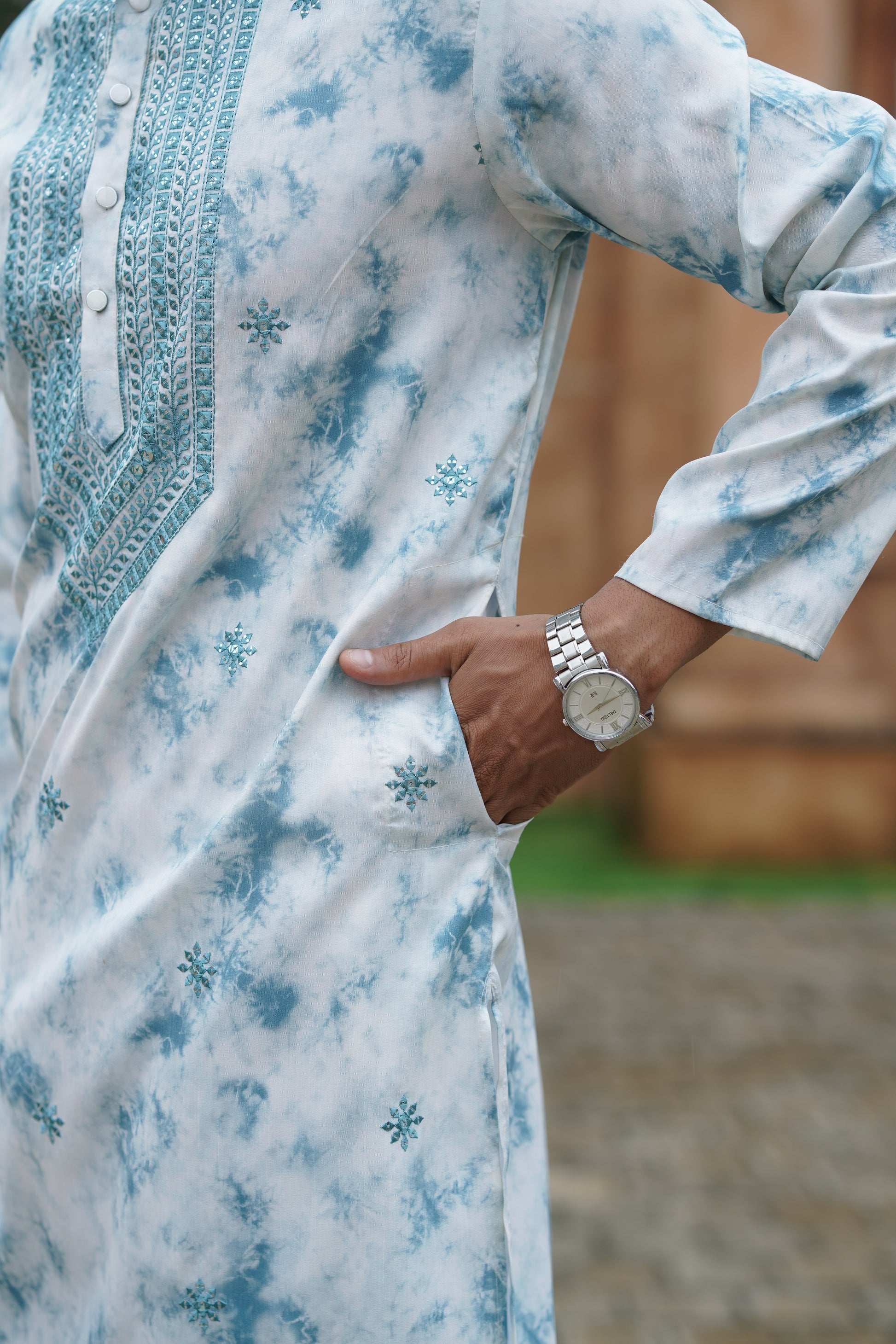Blue Tie-Dye Men's Kurta with Elegant Embroidery & Sparkling Sequins