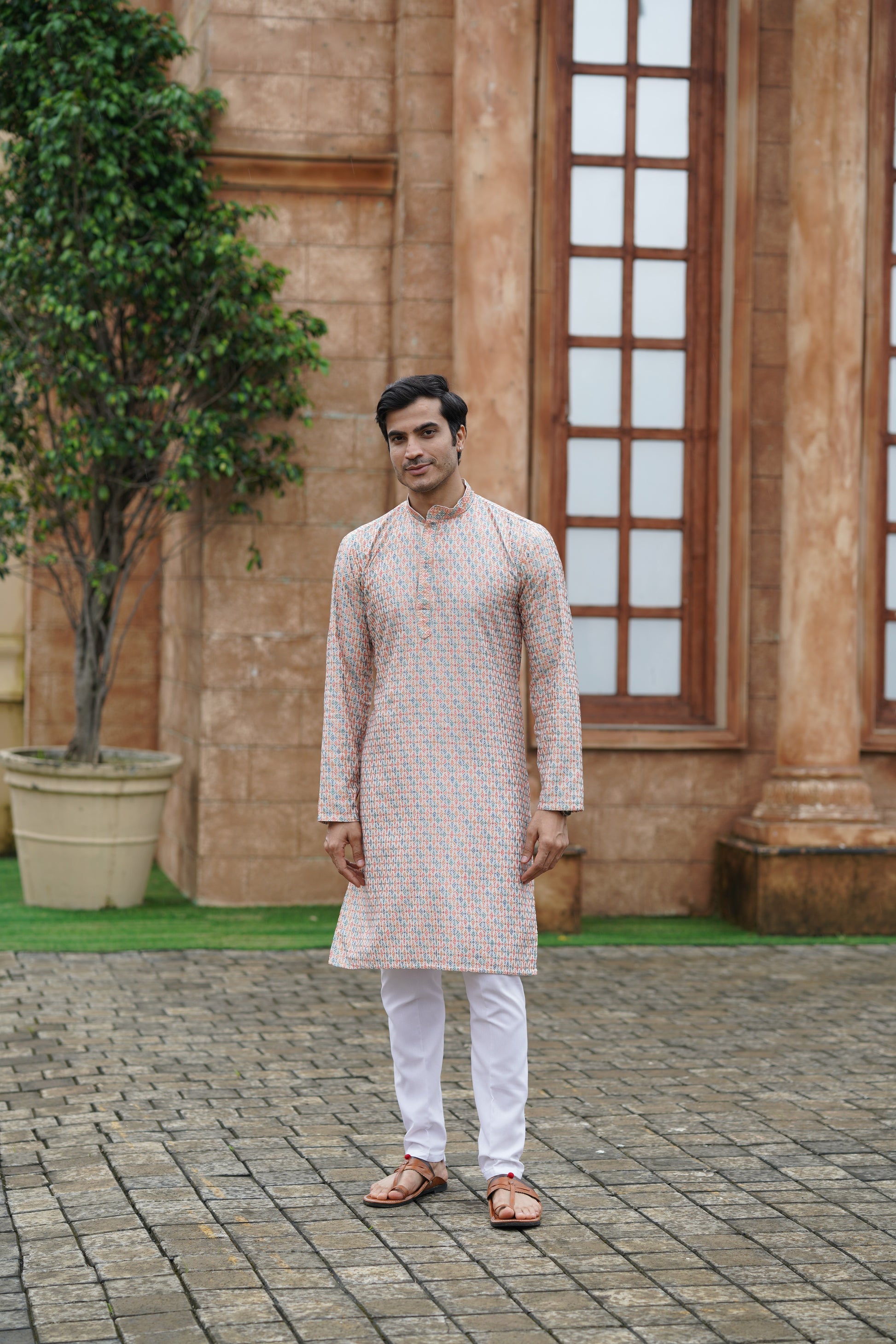Men’s Cotton Printed Kurta with Metallic Embroidery