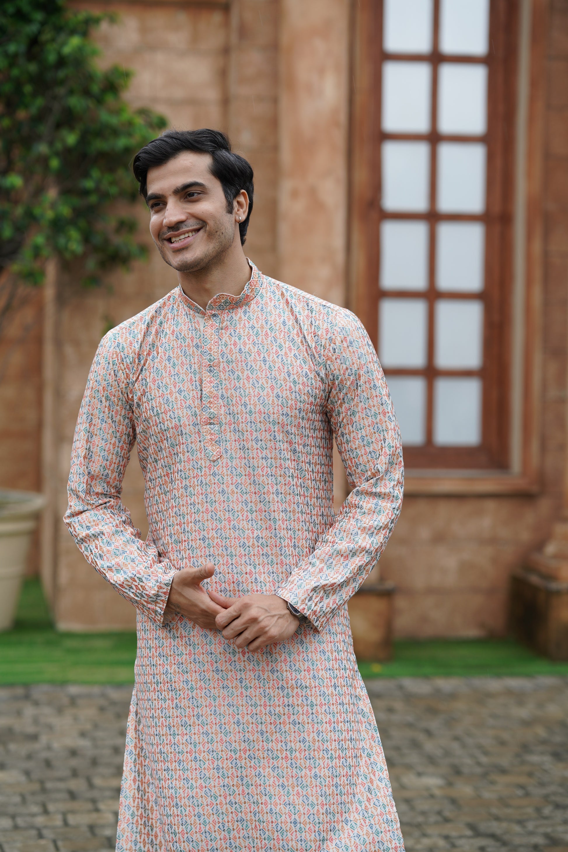 Men’s Cotton Printed Kurta with Metallic Embroidery