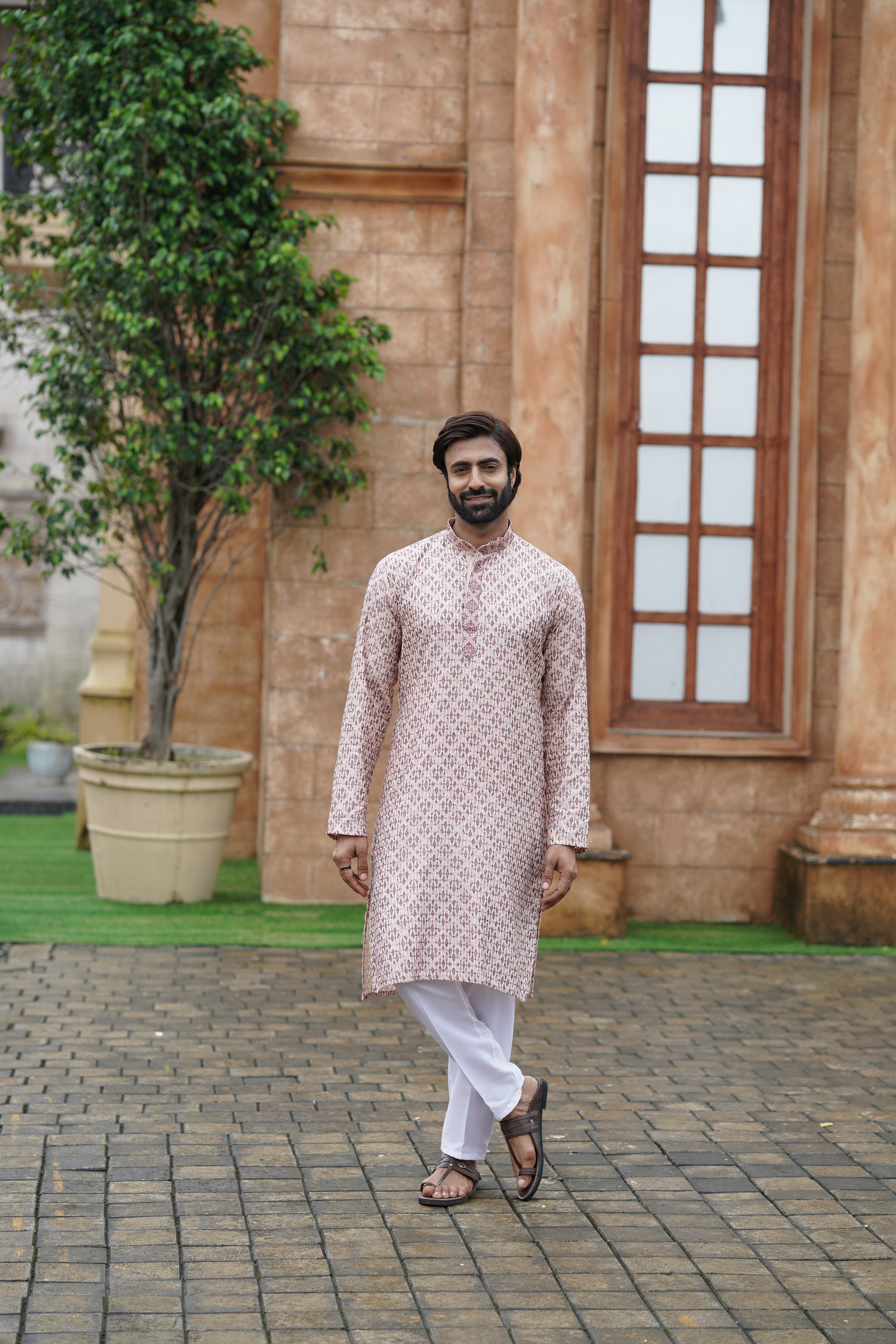 Men’s Cotton Printed Kurta with Embroidery & Metallic Details