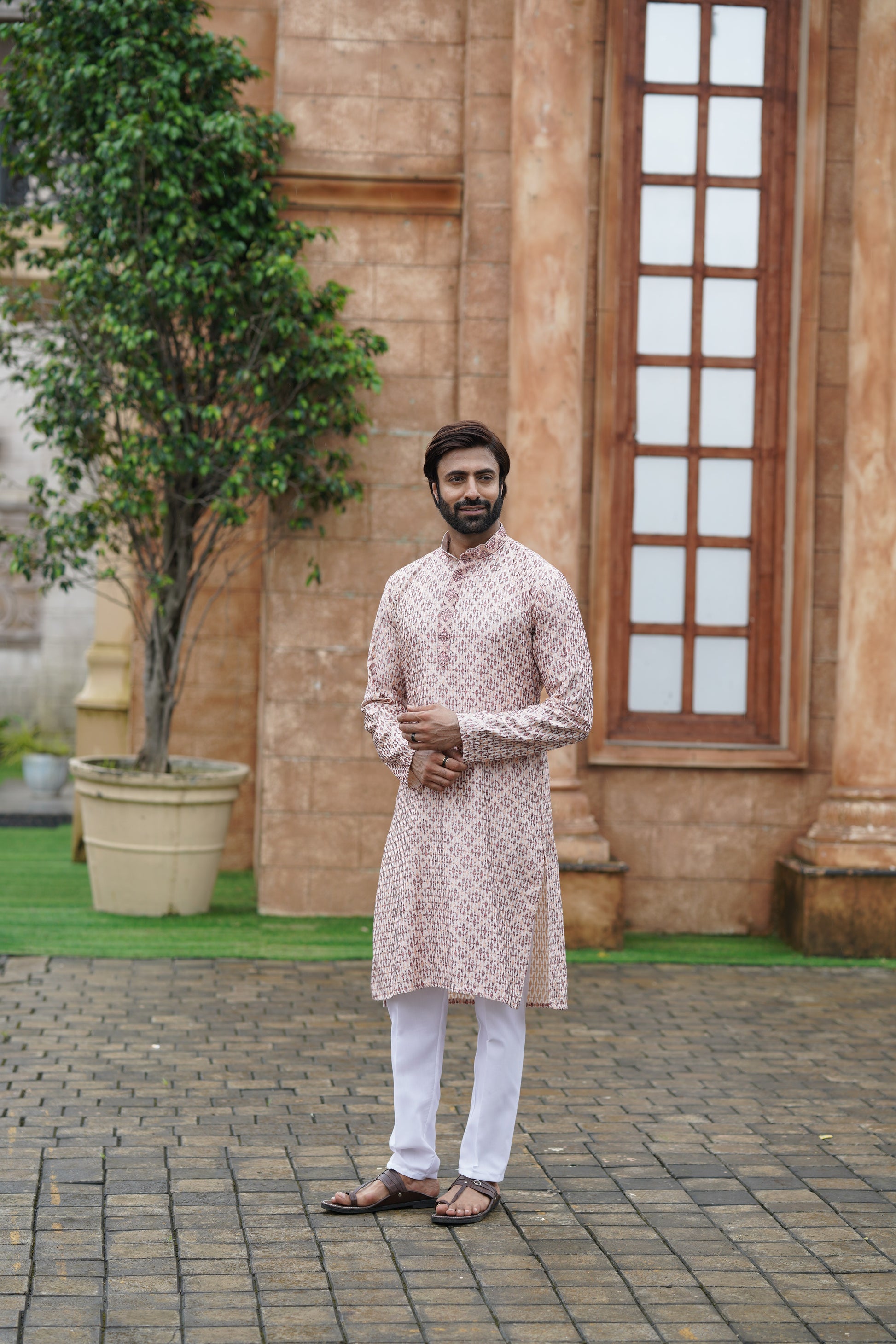 Men’s Cotton Printed Kurta with Embroidery & Metallic Details