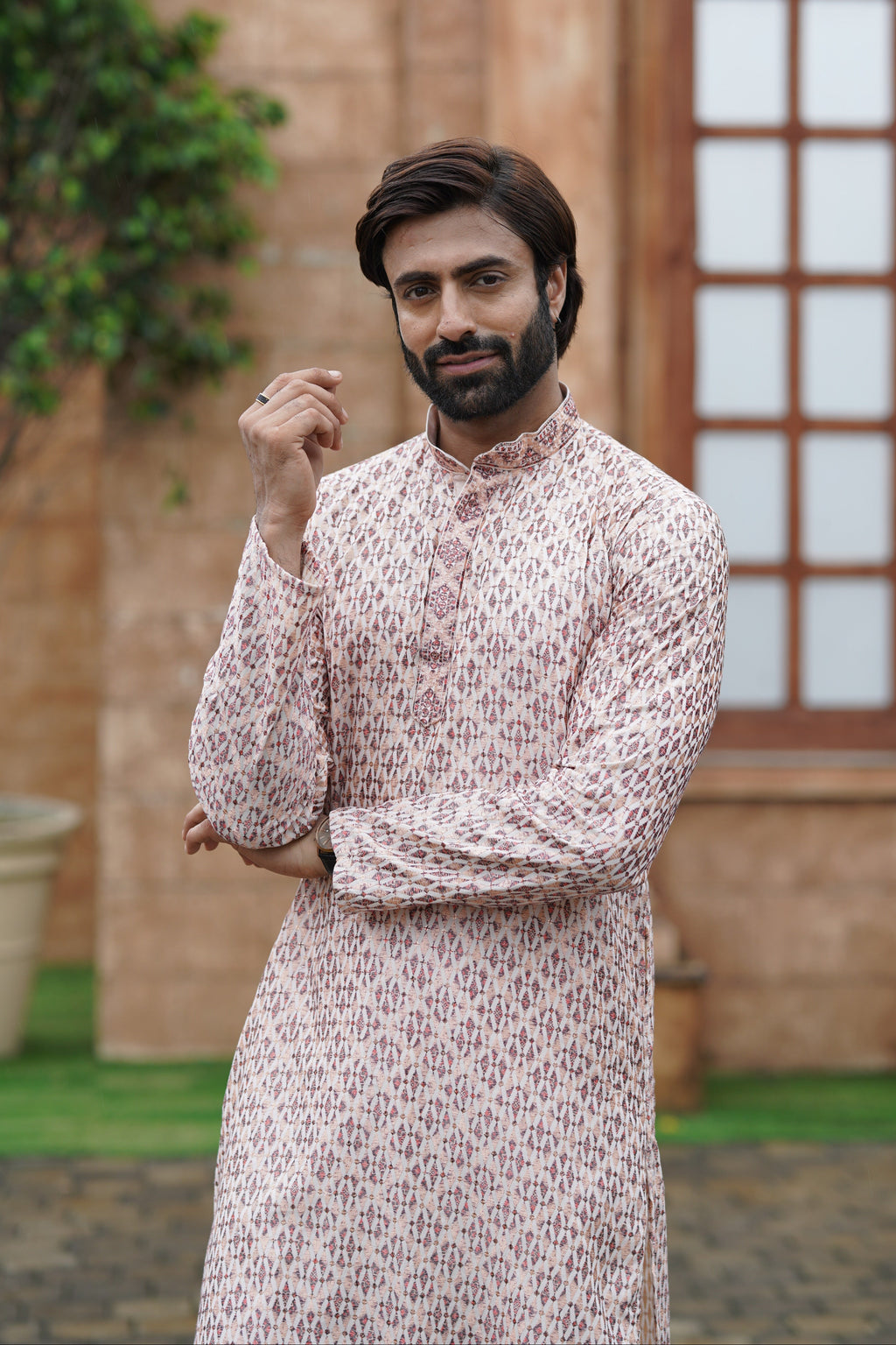Men’s Cotton Printed Kurta with Embroidery & Metallic Details