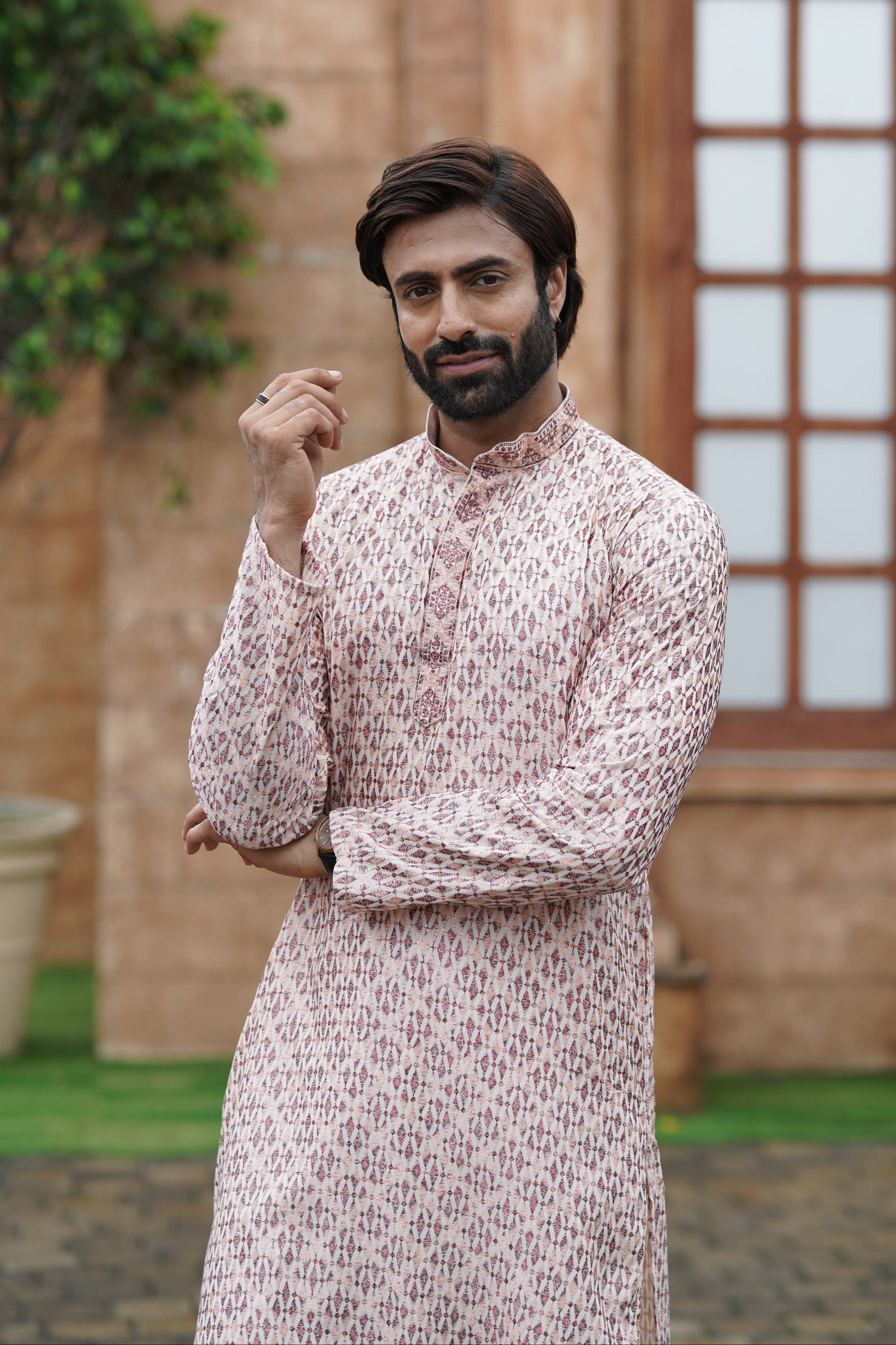 Men’s Cotton Printed Kurta with Embroidery & Metallic Details