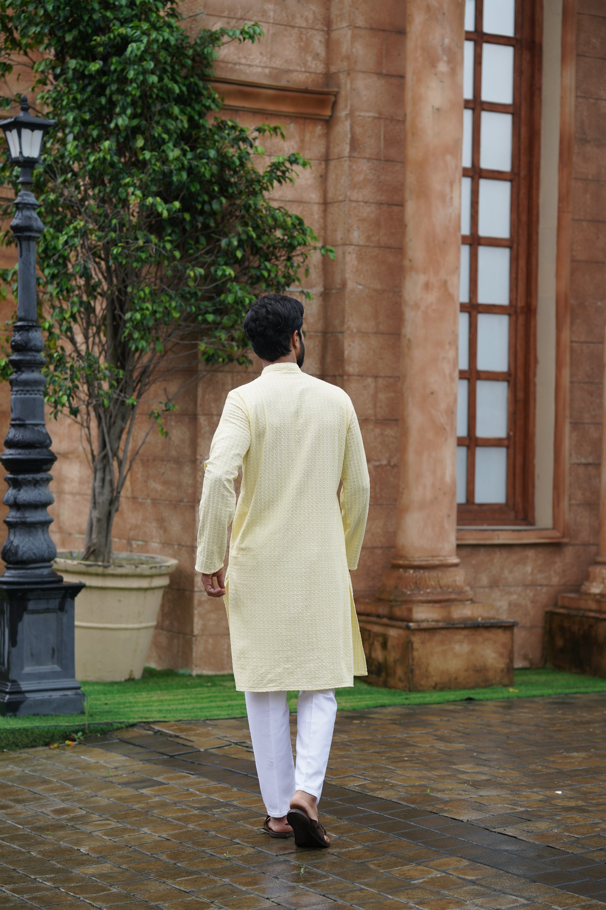 Men’s Butter Yellow Chikankari Threadwork and Sequins Kurta