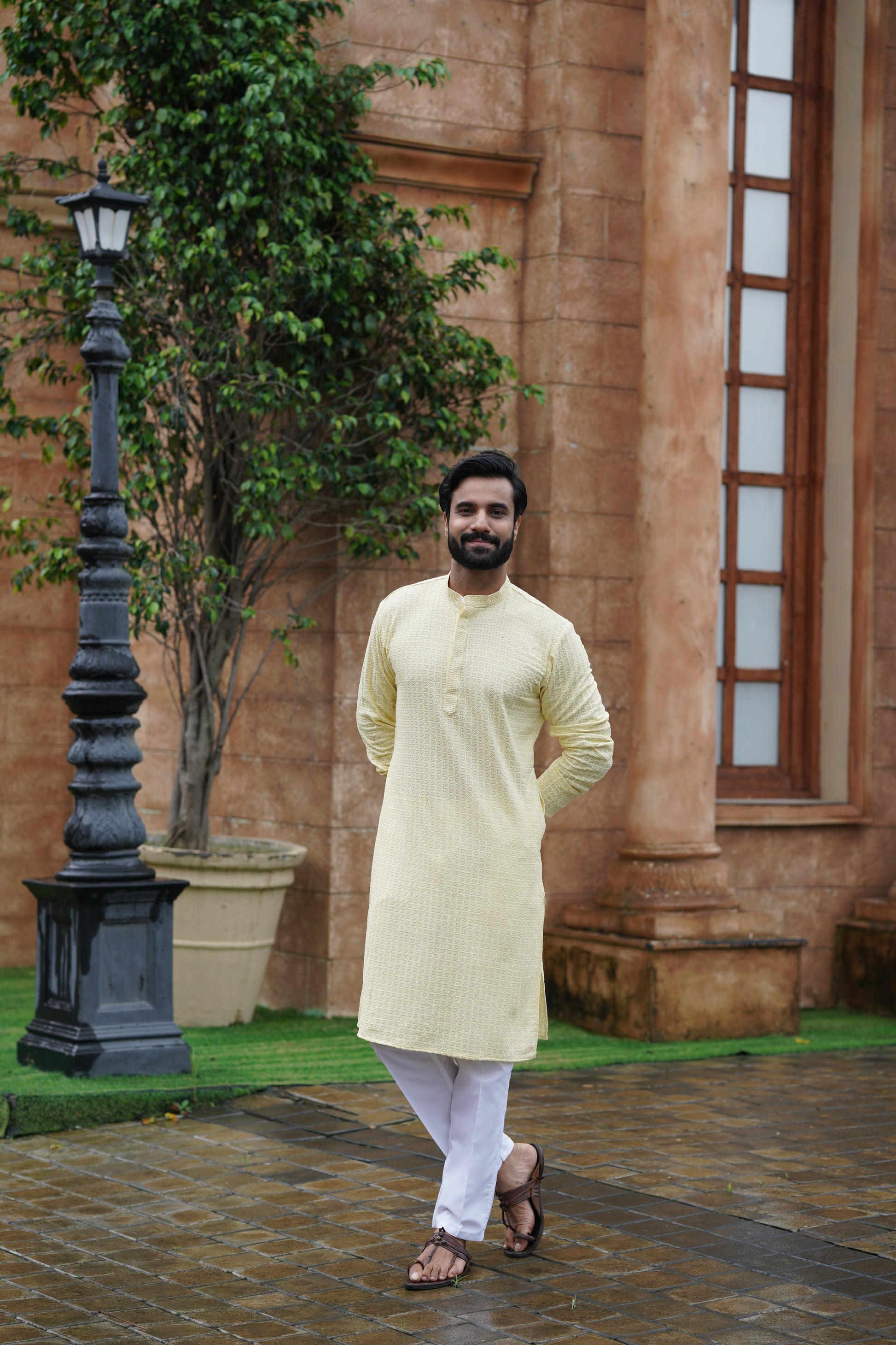 Men’s Butter Yellow Chikankari Threadwork and Sequins Kurta