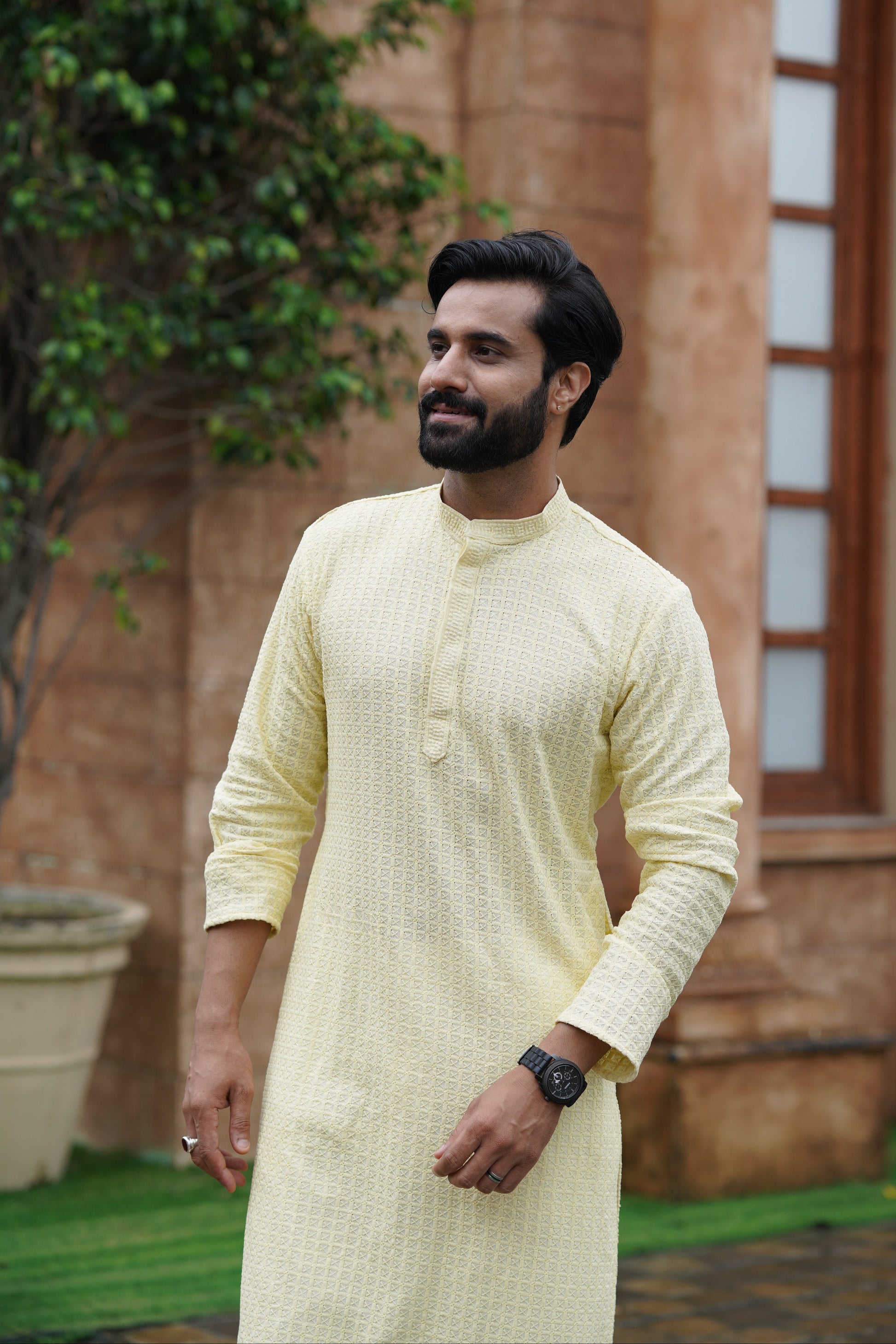 Men’s Butter Yellow Chikankari Threadwork and Sequins Kurta
