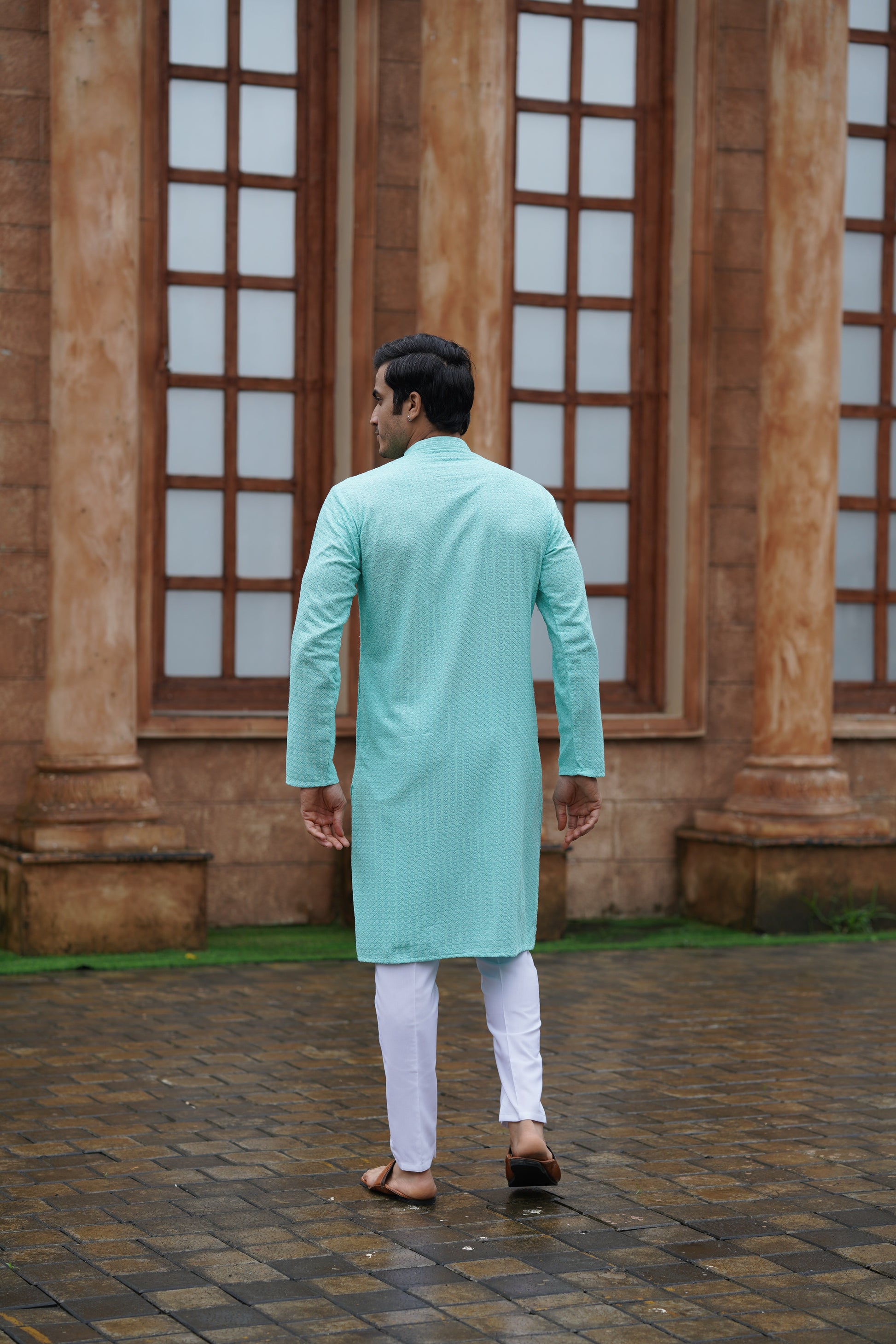 Men’s Aqua Blue Chikankari Threadwork and Sequins Kurta
