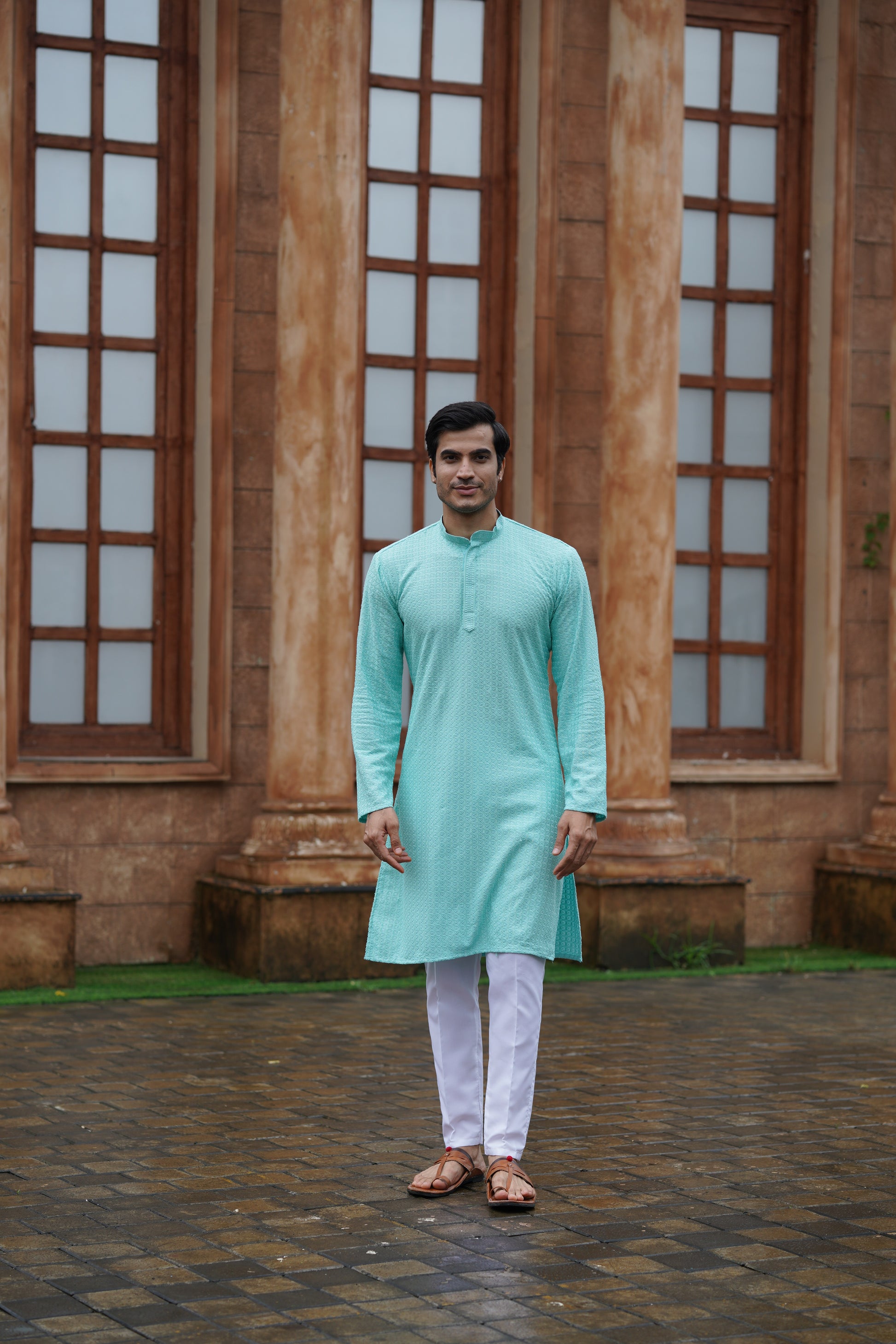 Men’s Aqua Blue Chikankari Threadwork and Sequins Kurta