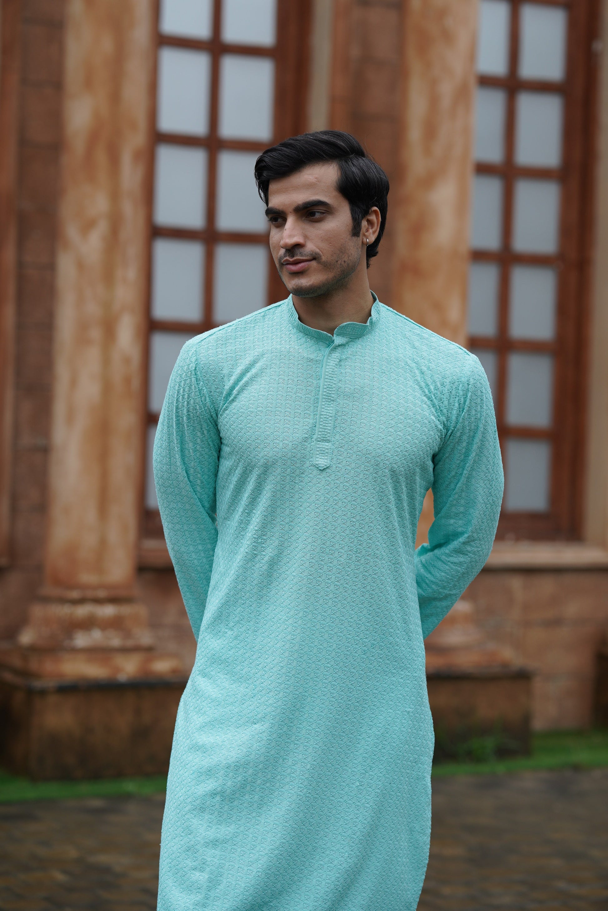 Men’s Aqua Blue Chikankari Threadwork and Sequins Kurta