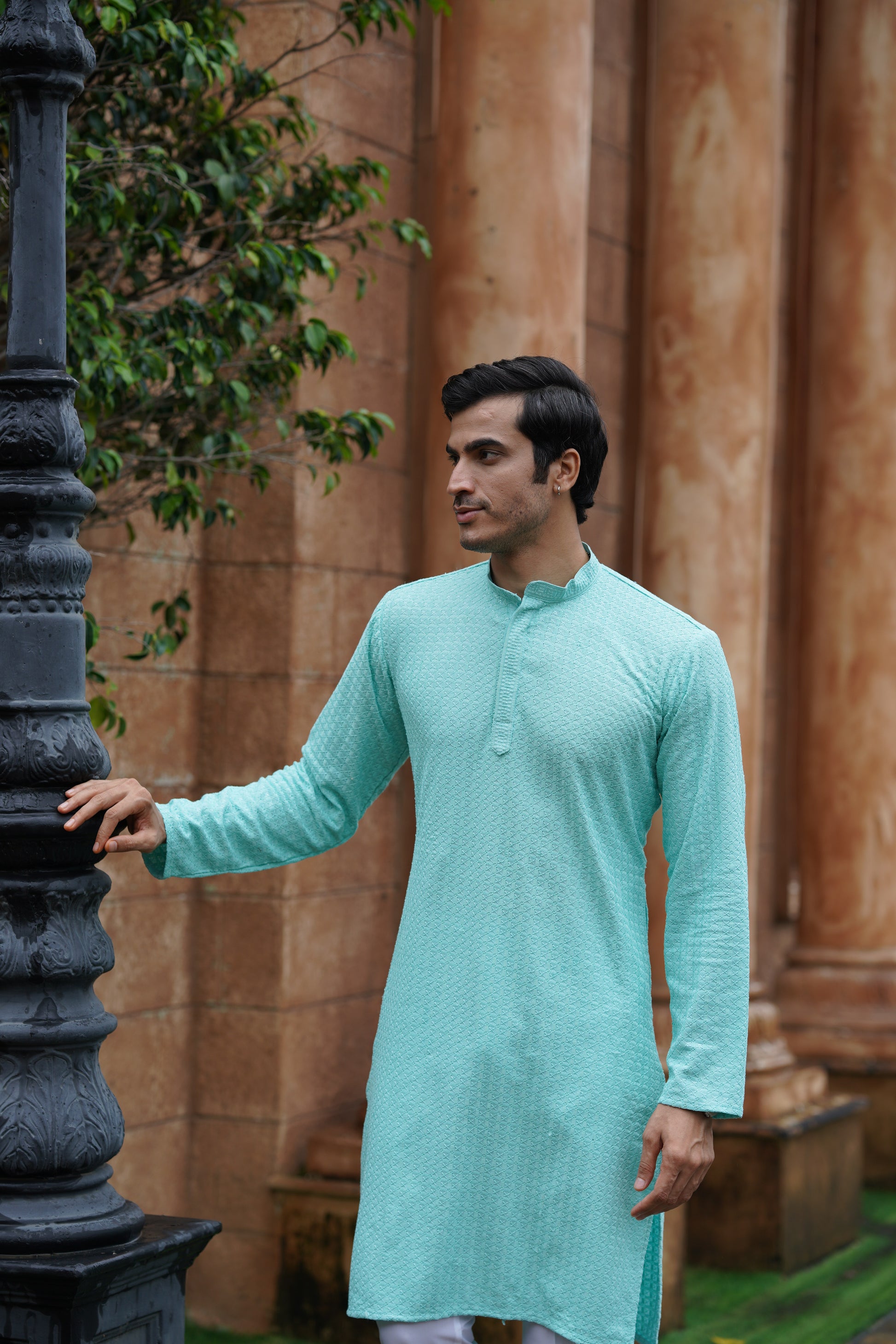 Men’s Aqua Blue Chikankari Threadwork and Sequins Kurta