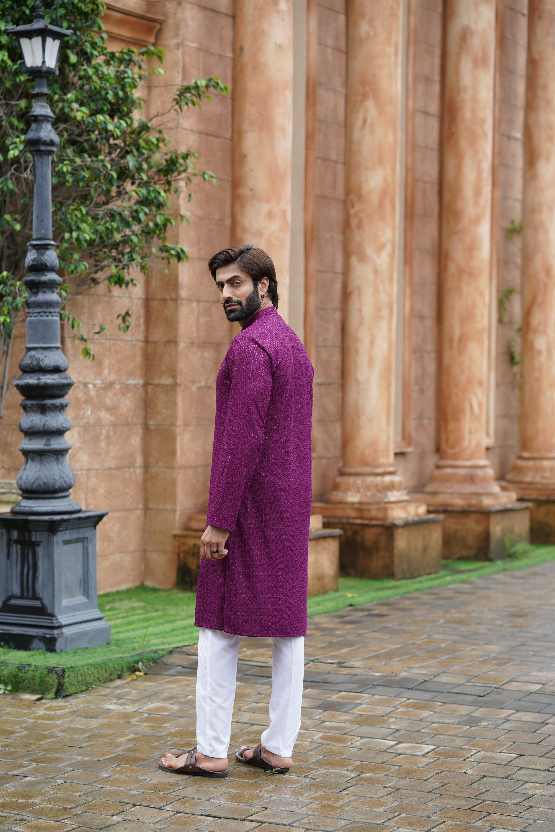 Men’s Plum Chikankari Threadwork and Sequins Kurta