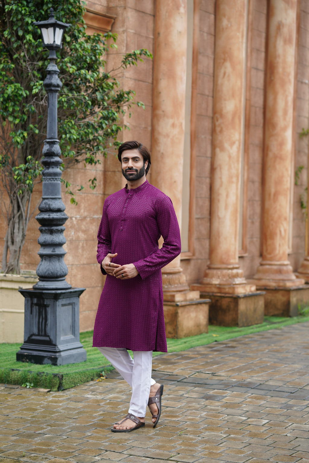Men’s Plum Chikankari Threadwork and Sequins Kurta