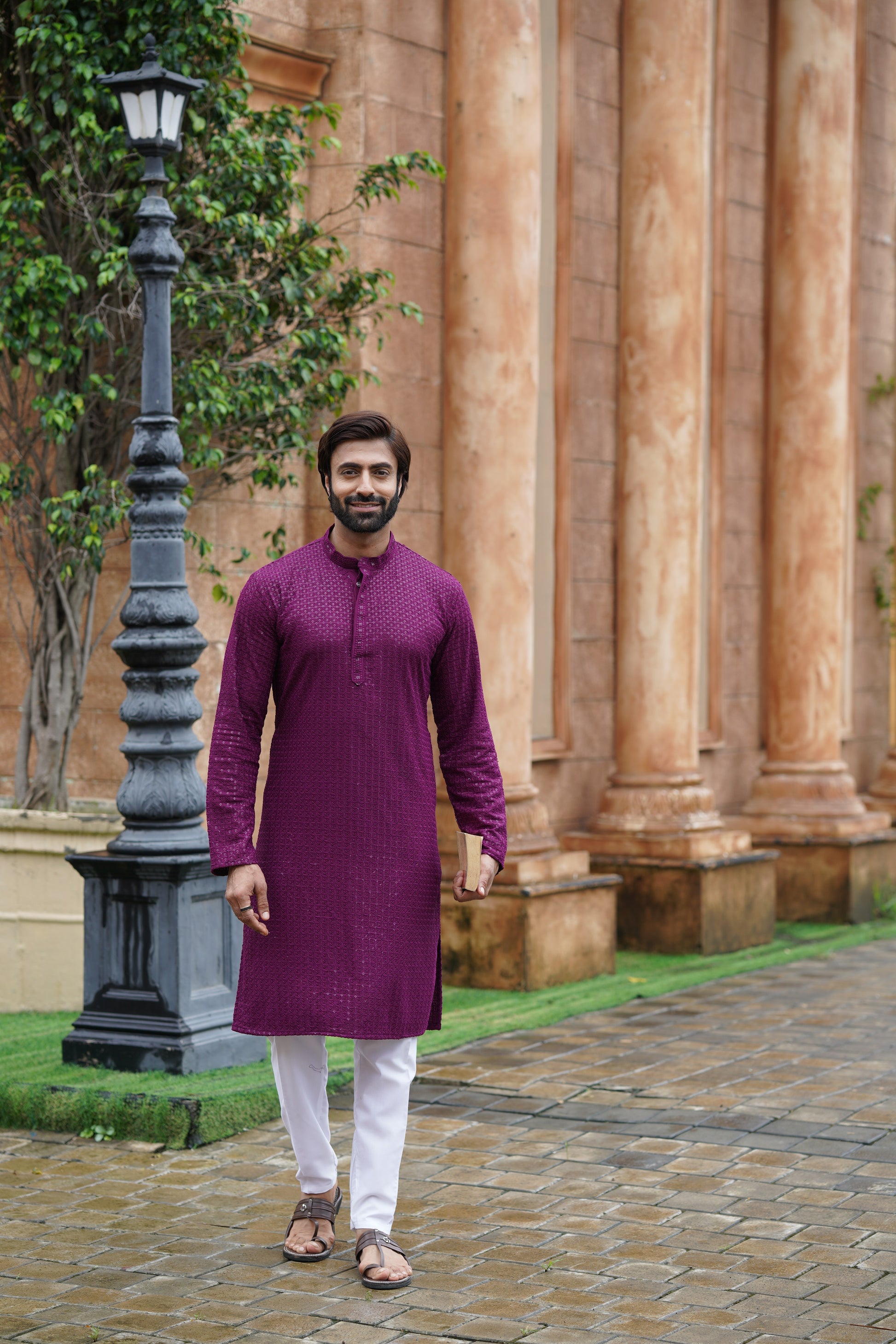 Men’s Plum Chikankari Threadwork and Sequins Kurta