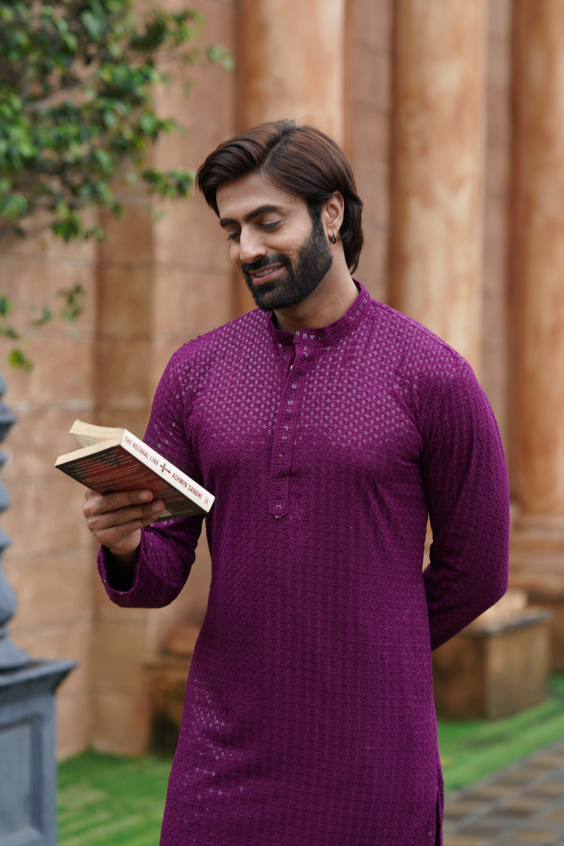 Men’s Plum Chikankari Threadwork and Sequins Kurta