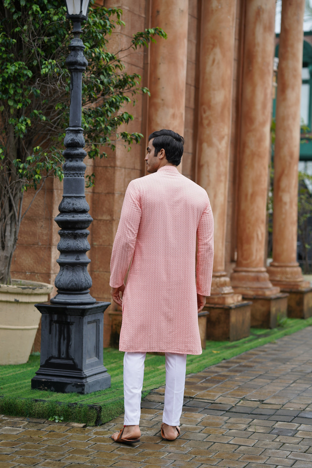 Men’s Peach Chikankari Threadwork and Sequins Kurta