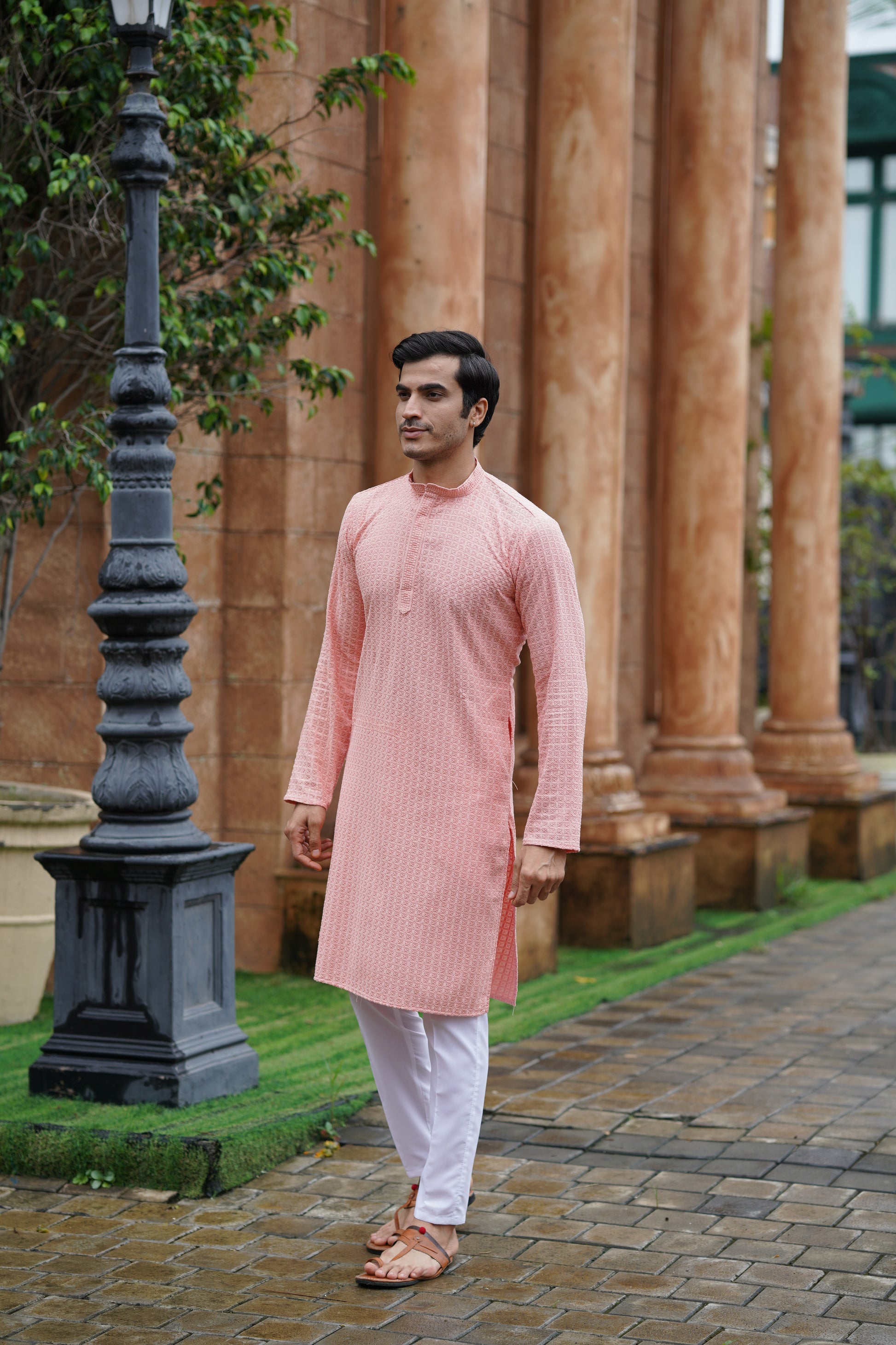 Men’s Peach Chikankari Threadwork and Sequins Kurta