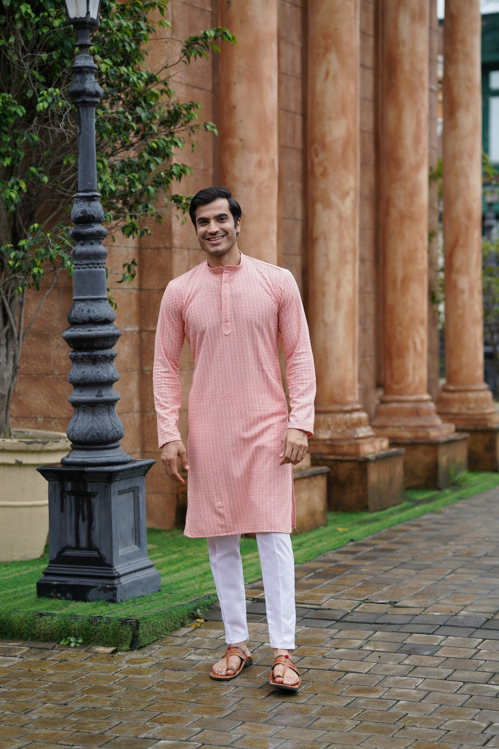 Men’s Peach Chikankari Threadwork and Sequins Kurta